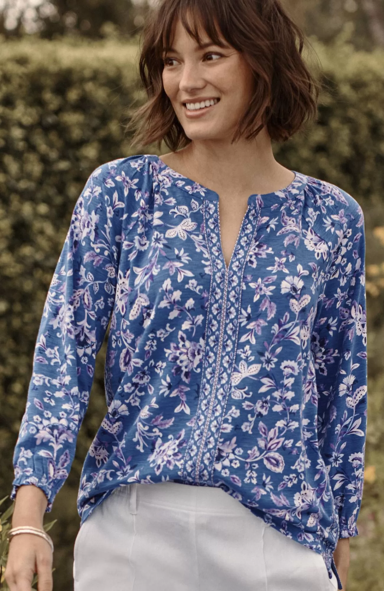 J.Jill Border-Printed Floral Top Amalfi Coast Midnight Garden Outlet