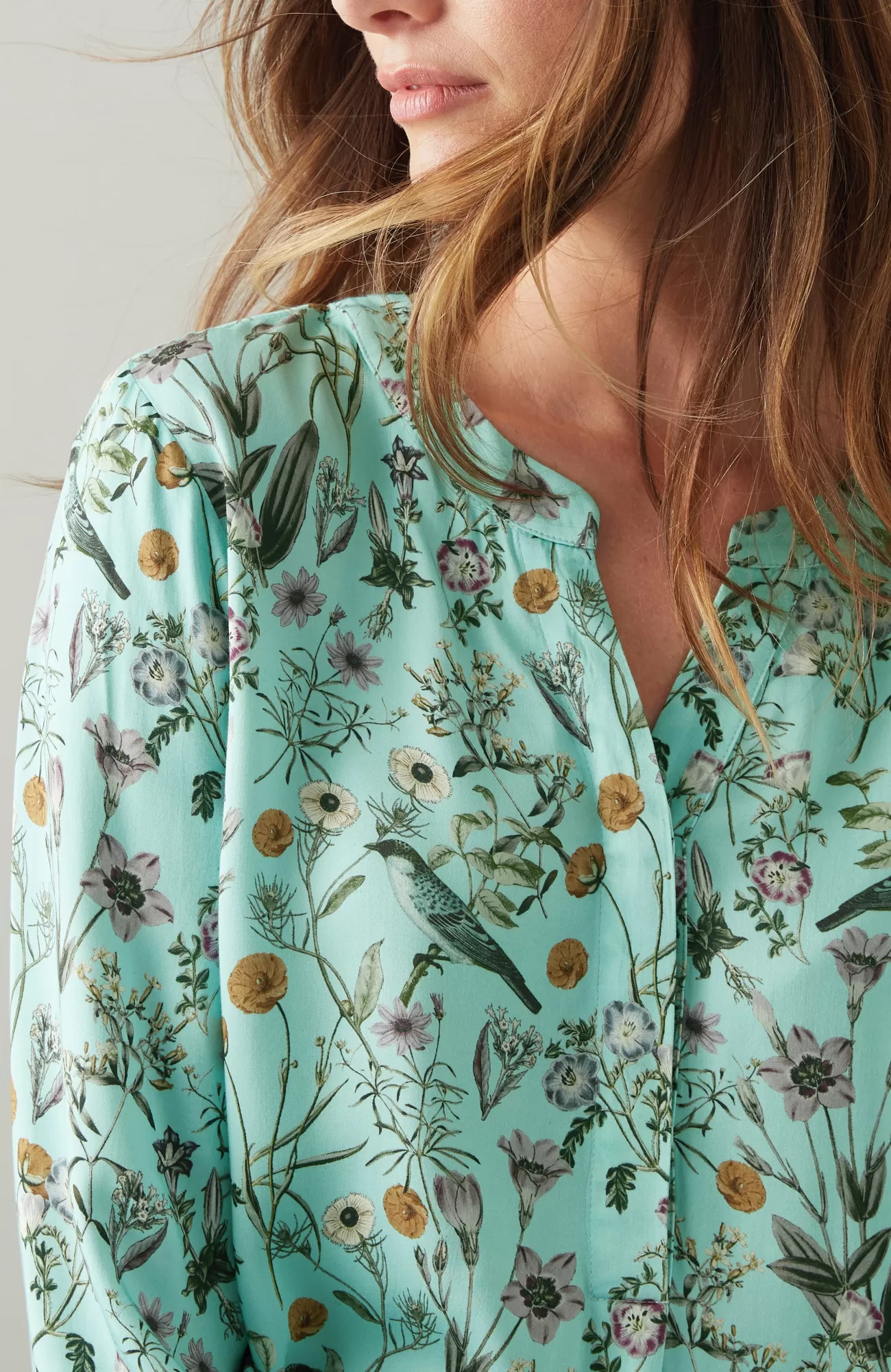 J.Jill Botanical Birds Printed Satin Top Celadon Botanical Garden Best Sale