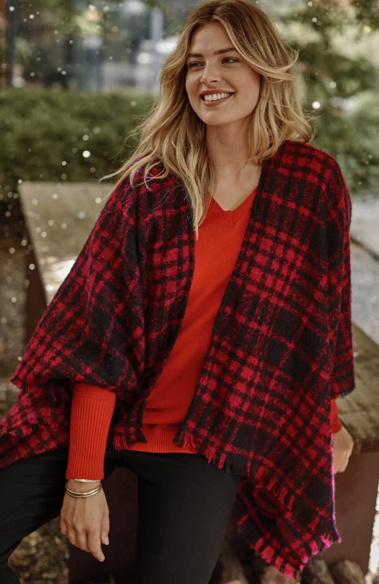 J.Jill Cozy Plaid Blanket Ruana Black/scarlet Cheap