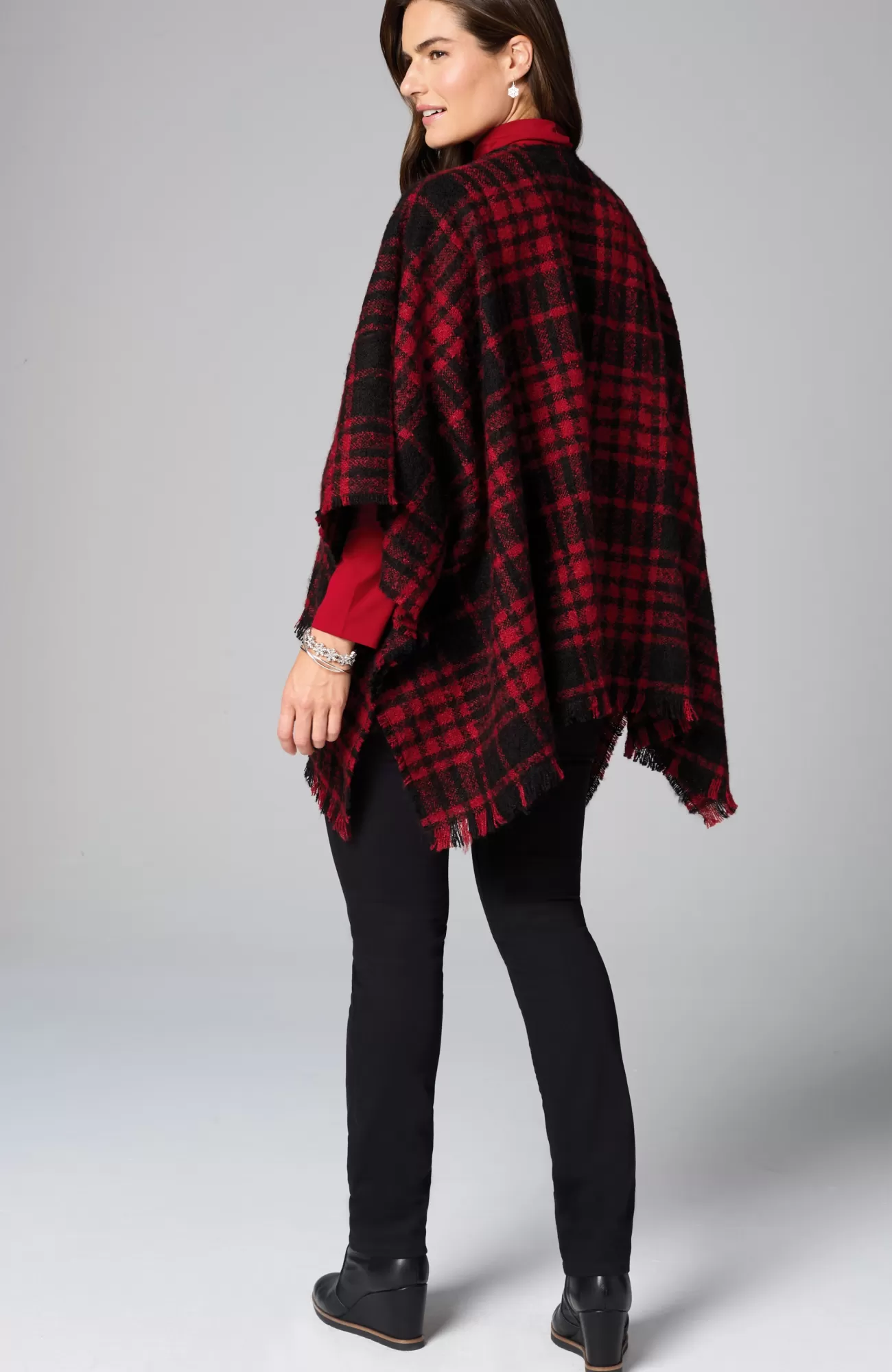 J.Jill Cozy Plaid Blanket Ruana Black/scarlet Cheap