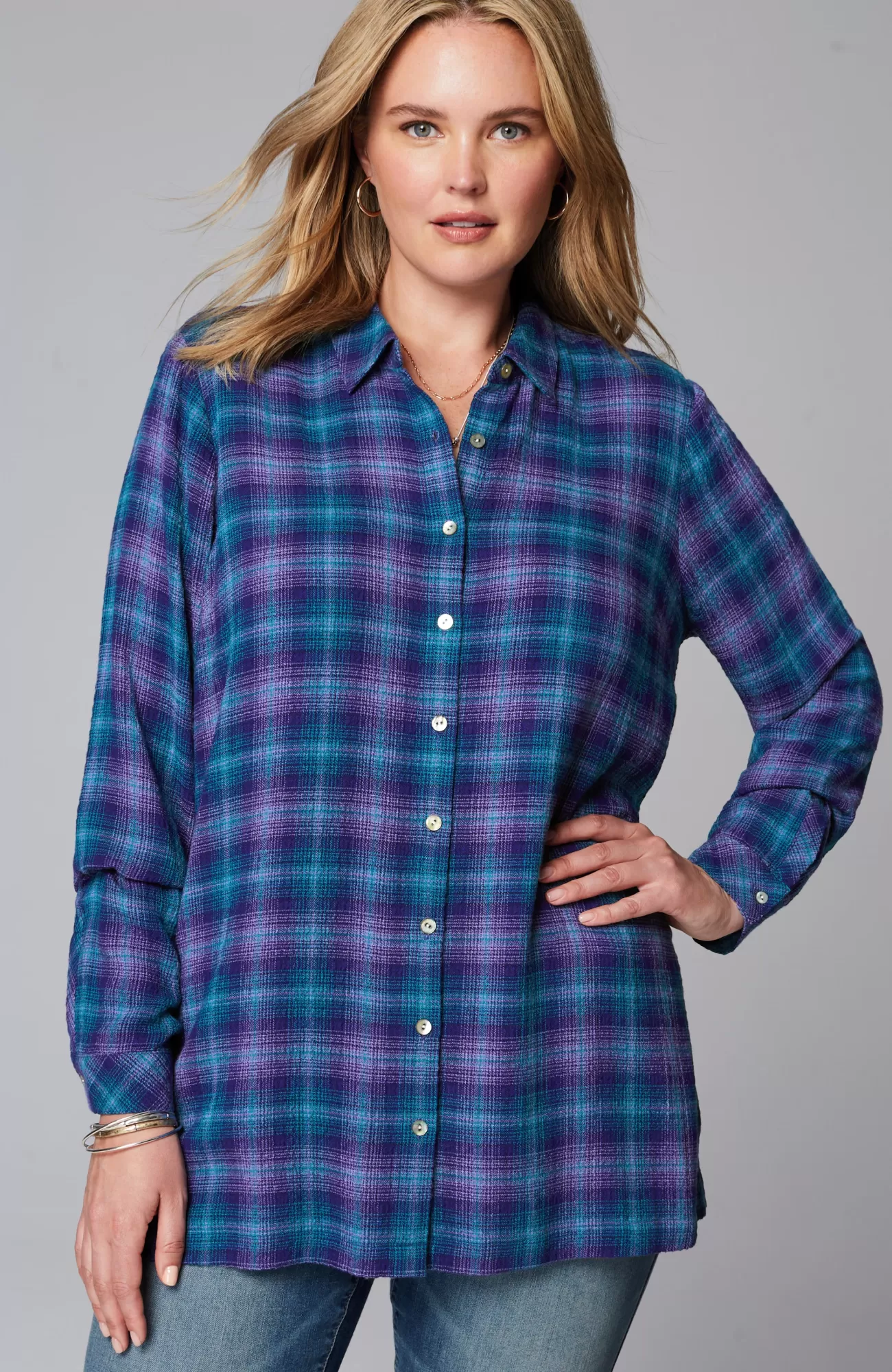 J.Jill Crinkled Plaid Button-Front Tunic Outlet