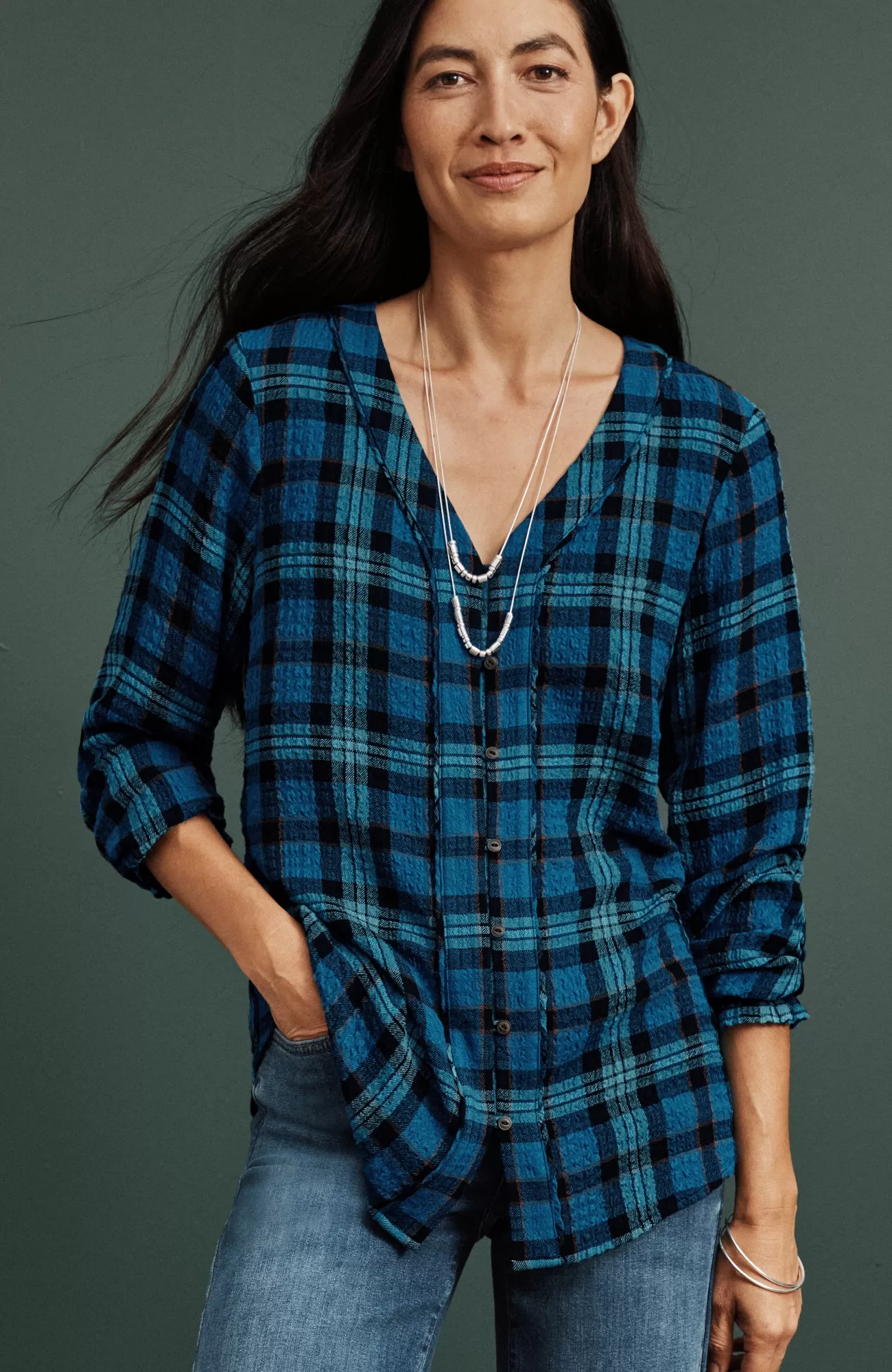 J.Jill Crinkled Plaid Top Blue Jewel Multi Outlet