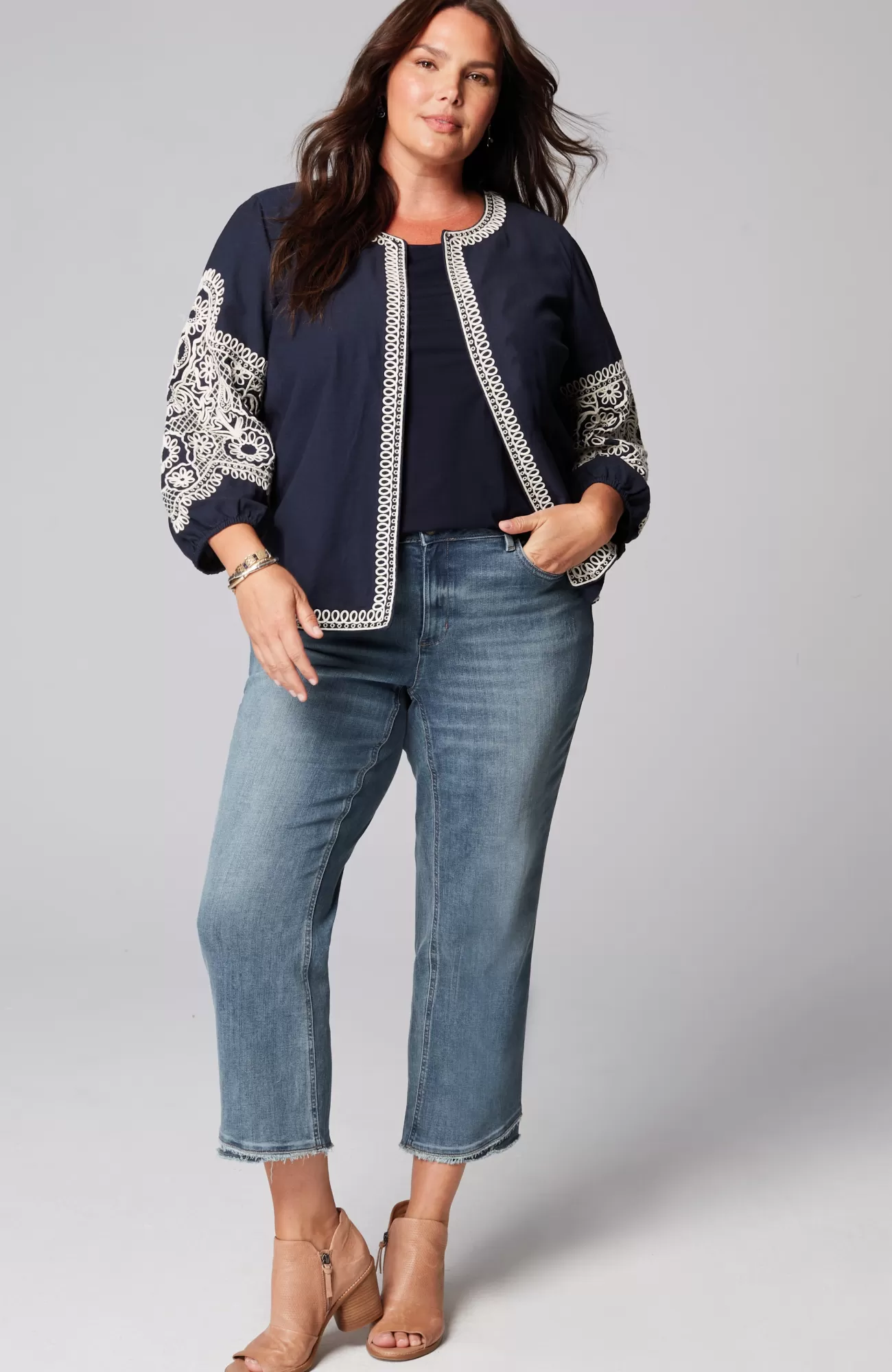 J.Jill Embroidered Open-Front A-Line Jacket Navy Blue Multi Flash Sale