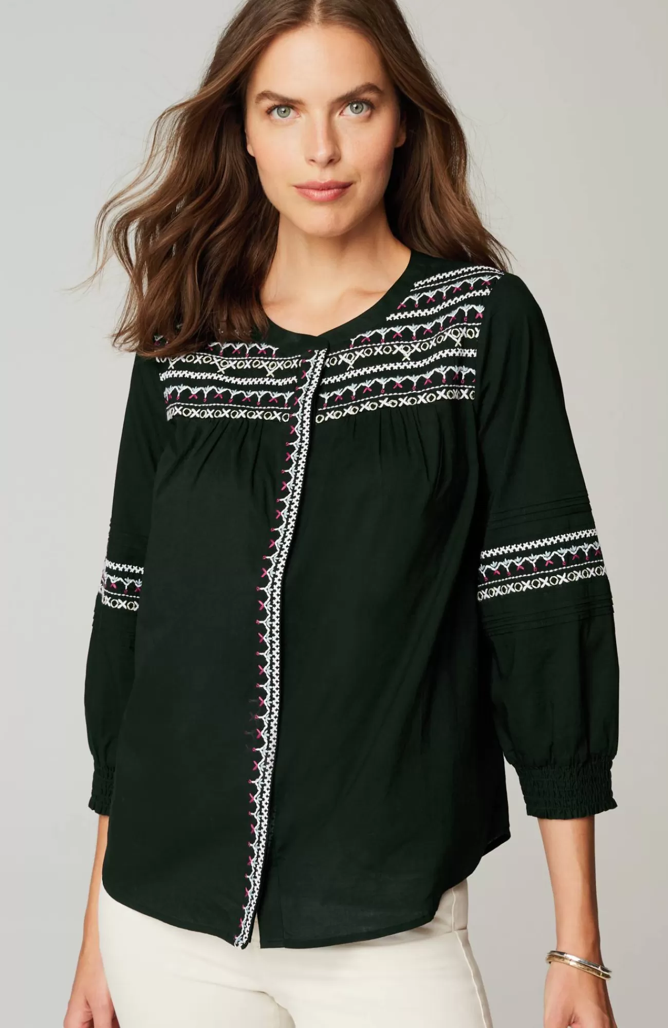 J.Jill Embroidered Smocked-Sleeve Top Black Multi Best Sale