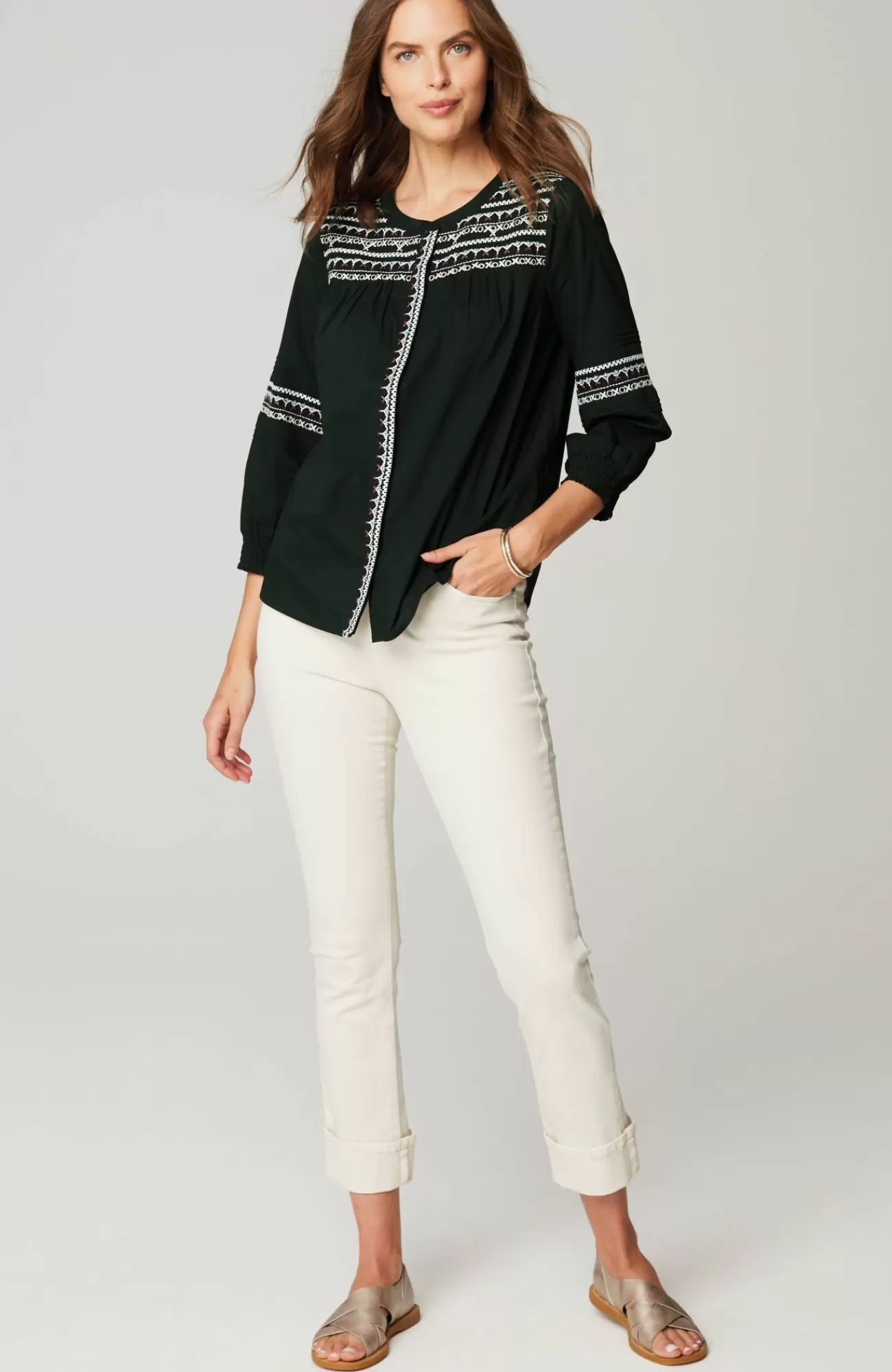 J.Jill Embroidered Smocked-Sleeve Top Black Multi Best Sale