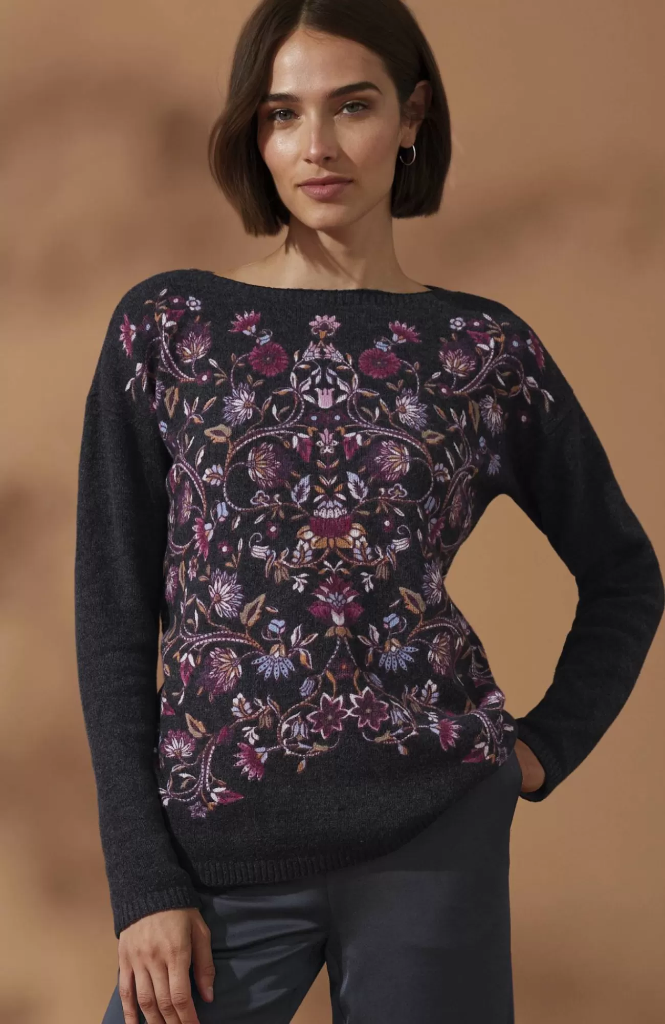 J.Jill Enchanted Florals Sweater Greystone Placed Radiant Flowers Discount