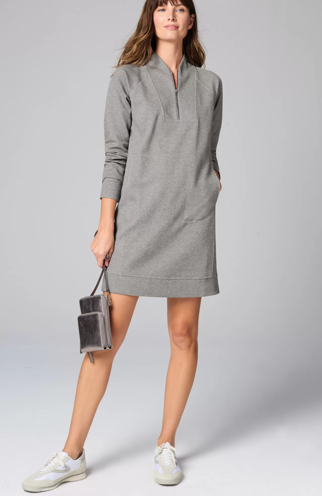 J.Jill Fit Double-Knit Zipped-Collar Dress Dark Grey Heather Best