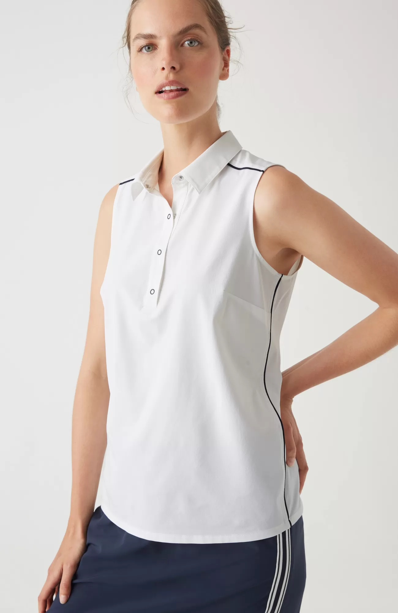 J.Jill Fit On-The-Go Snap Polo White/navy Blue Online