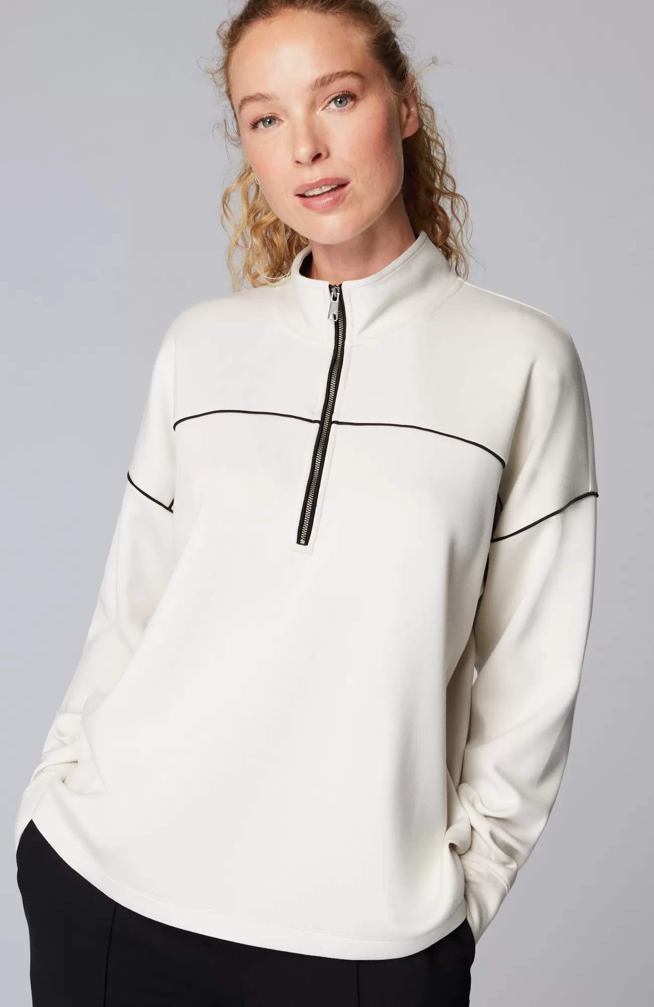 J.Jill Fit Sleek Double-Knit Piped Quarter-Zip Smokey Cream/black Cheap