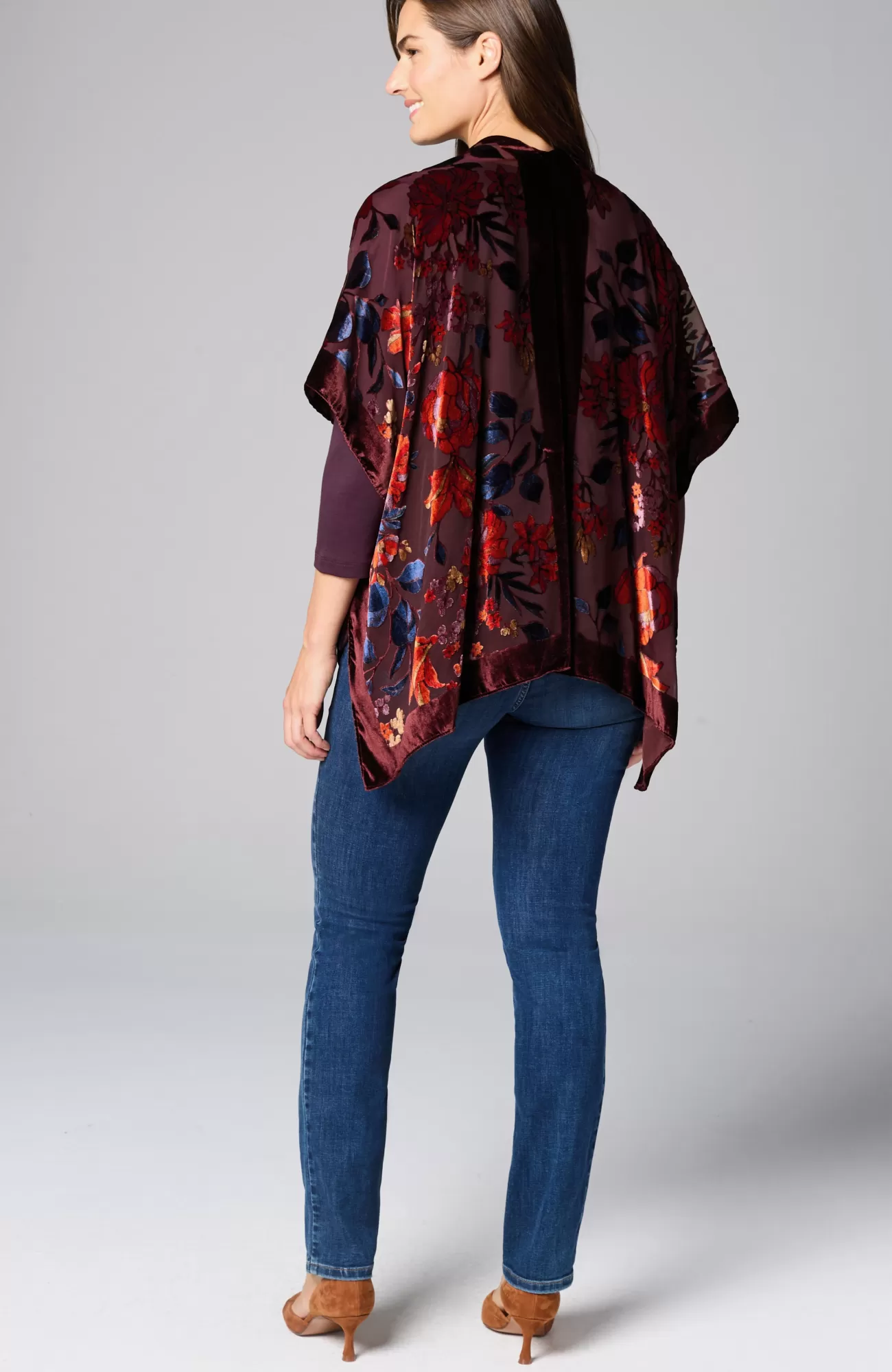 J.Jill Floral Burnout Velvet Ruana Dark Maroon Multi Best Sale