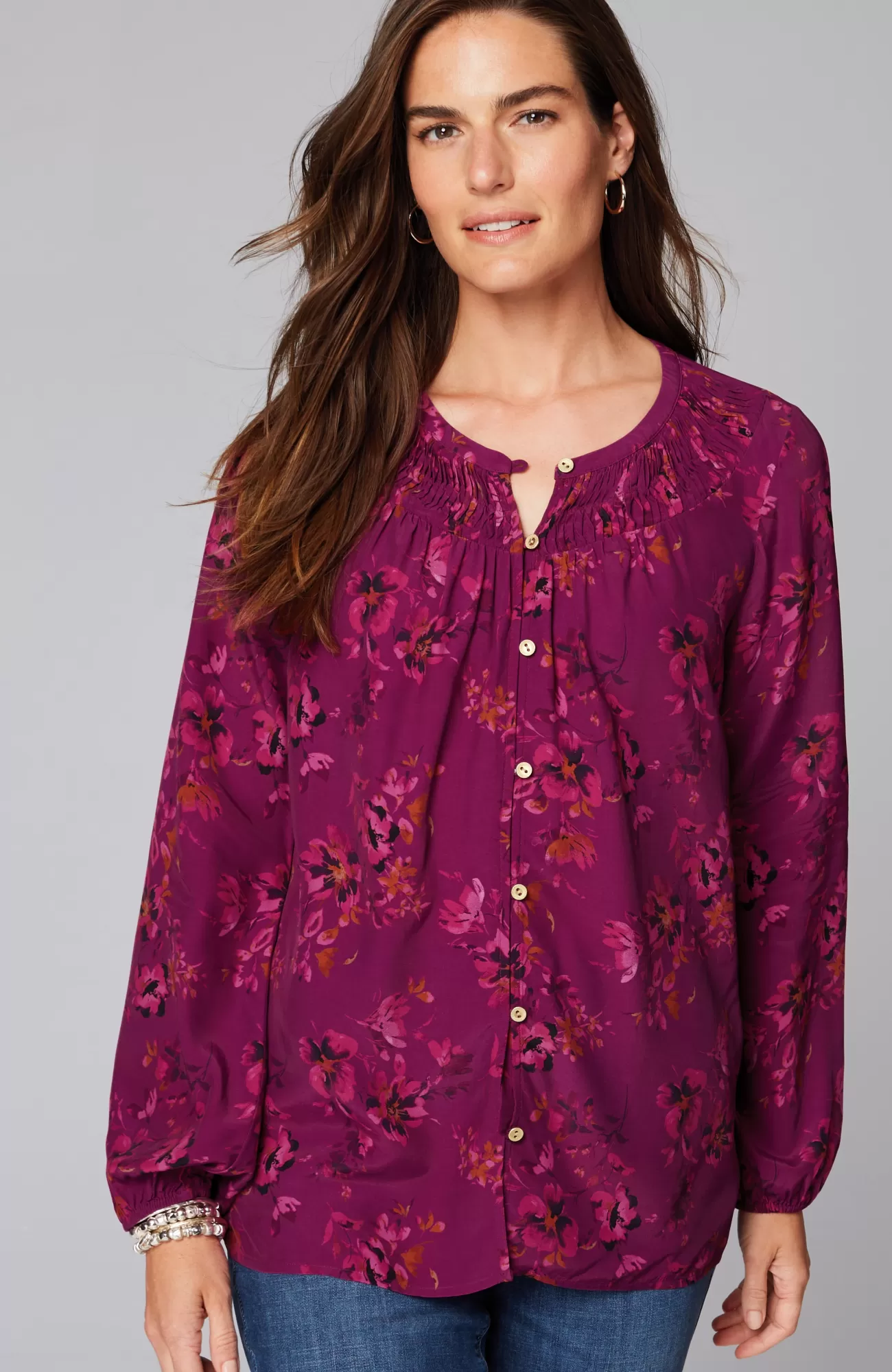 J.Jill Floral Pleated-Neck Top Light Rum Raisin Luminous Floral Outlet