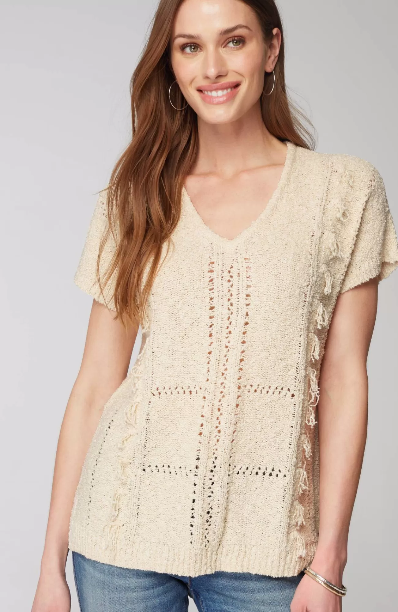 J.Jill Fringed Open-Texture Short-Sleeve Sweater Barley Best Sale