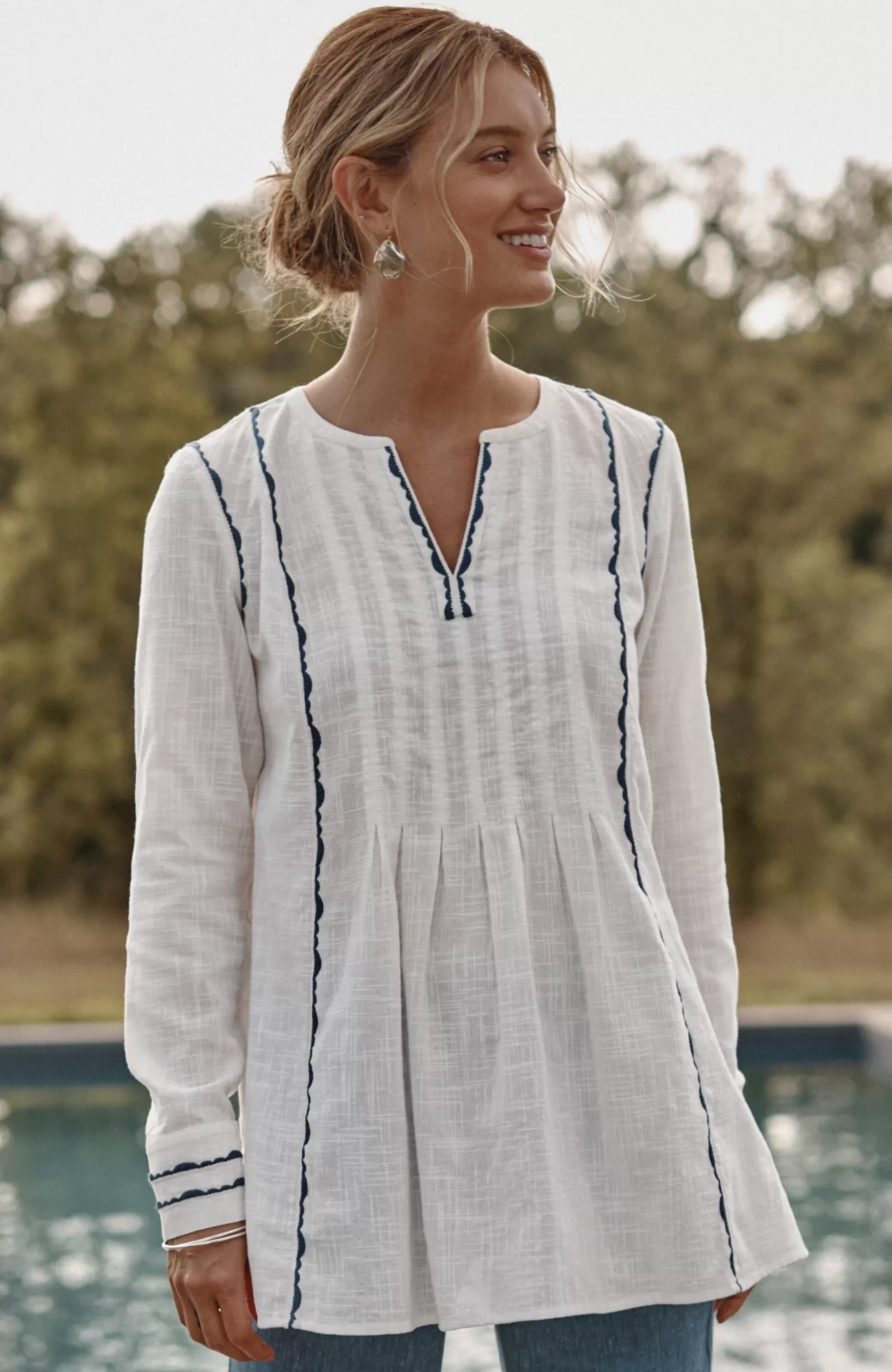 J.Jill Geometric Embroidered Tunic Cream/blue Best Sale