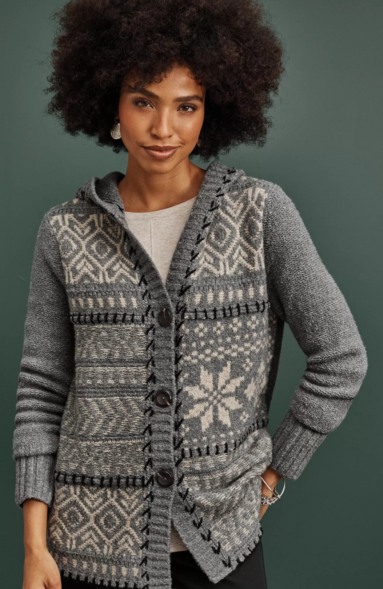 J.Jill Hand-Embroidered Hooded Cardi Dark Grey Heather/oatmeal Best