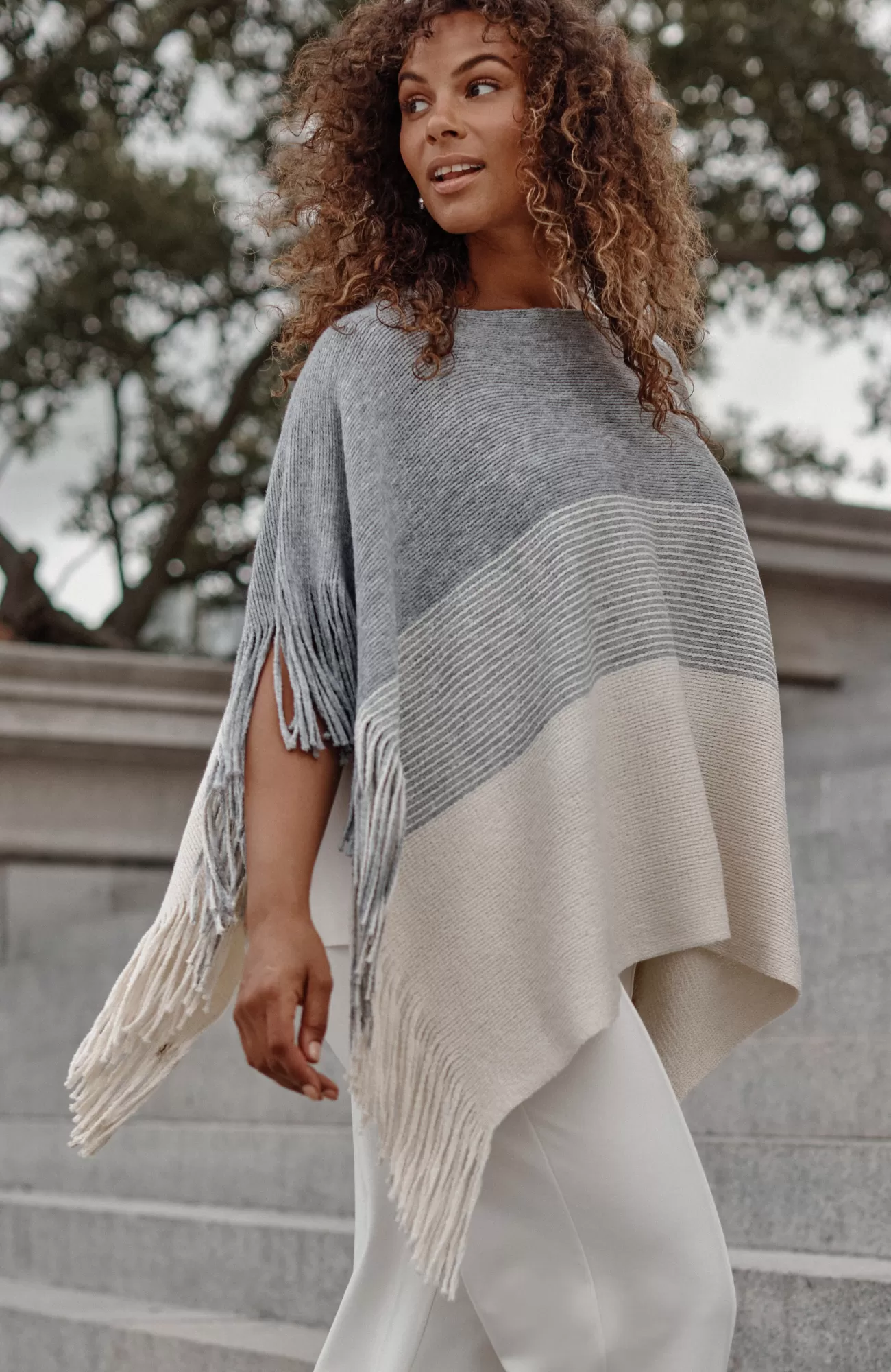 J.Jill Knit-Fringe Poncho Grey Heather/oatmeal Heather Best Sale