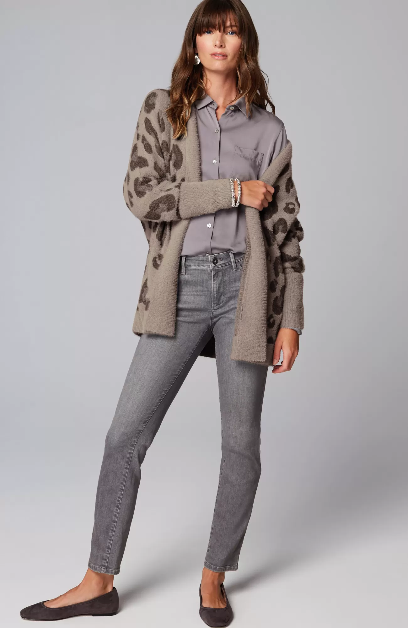 J.Jill Leopard-Pattern Cardi Grey Heather Multi New