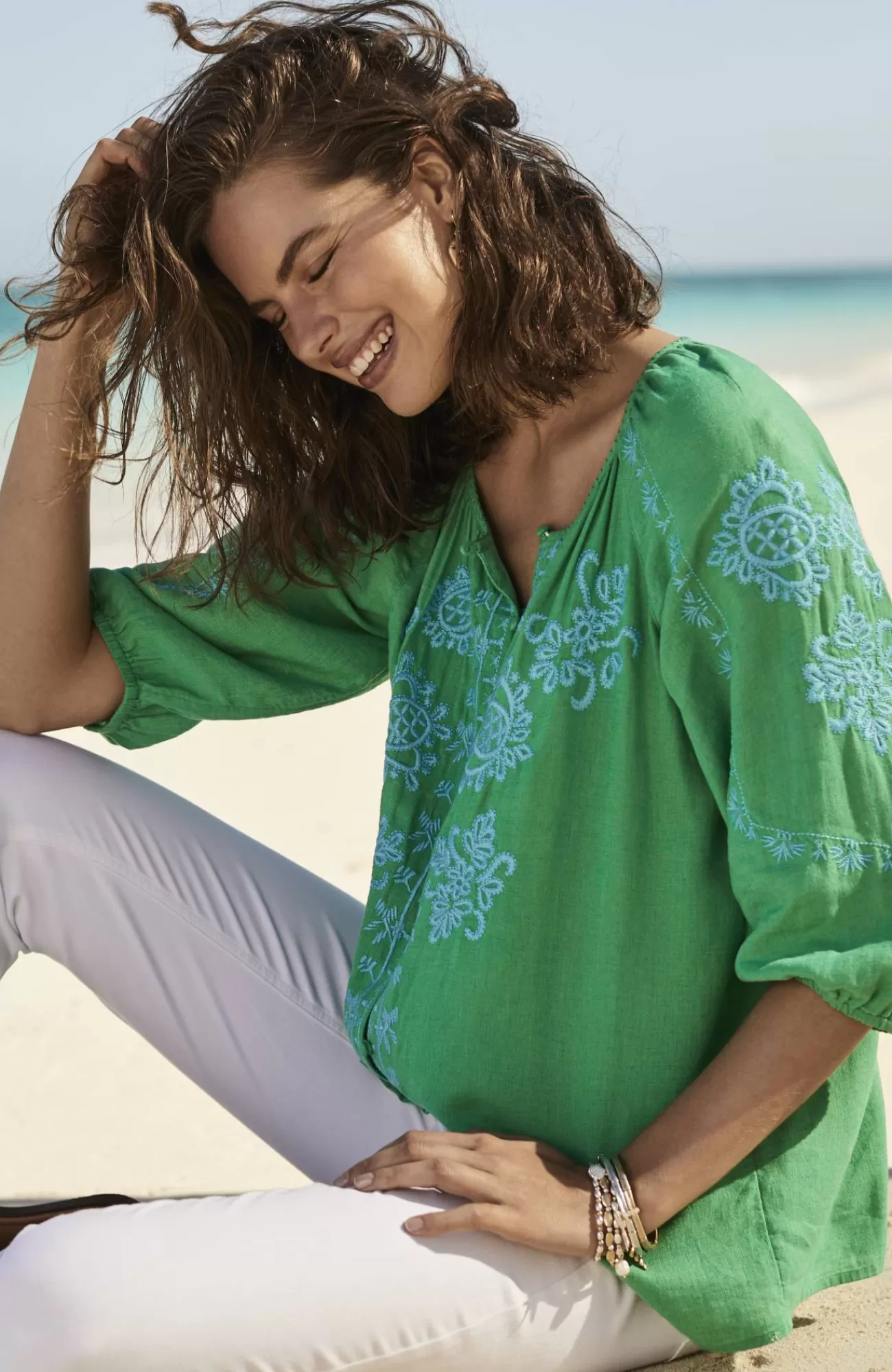 J.Jill Linen-Blend Embroidered Top Green Papaya/blue Oasis Hot