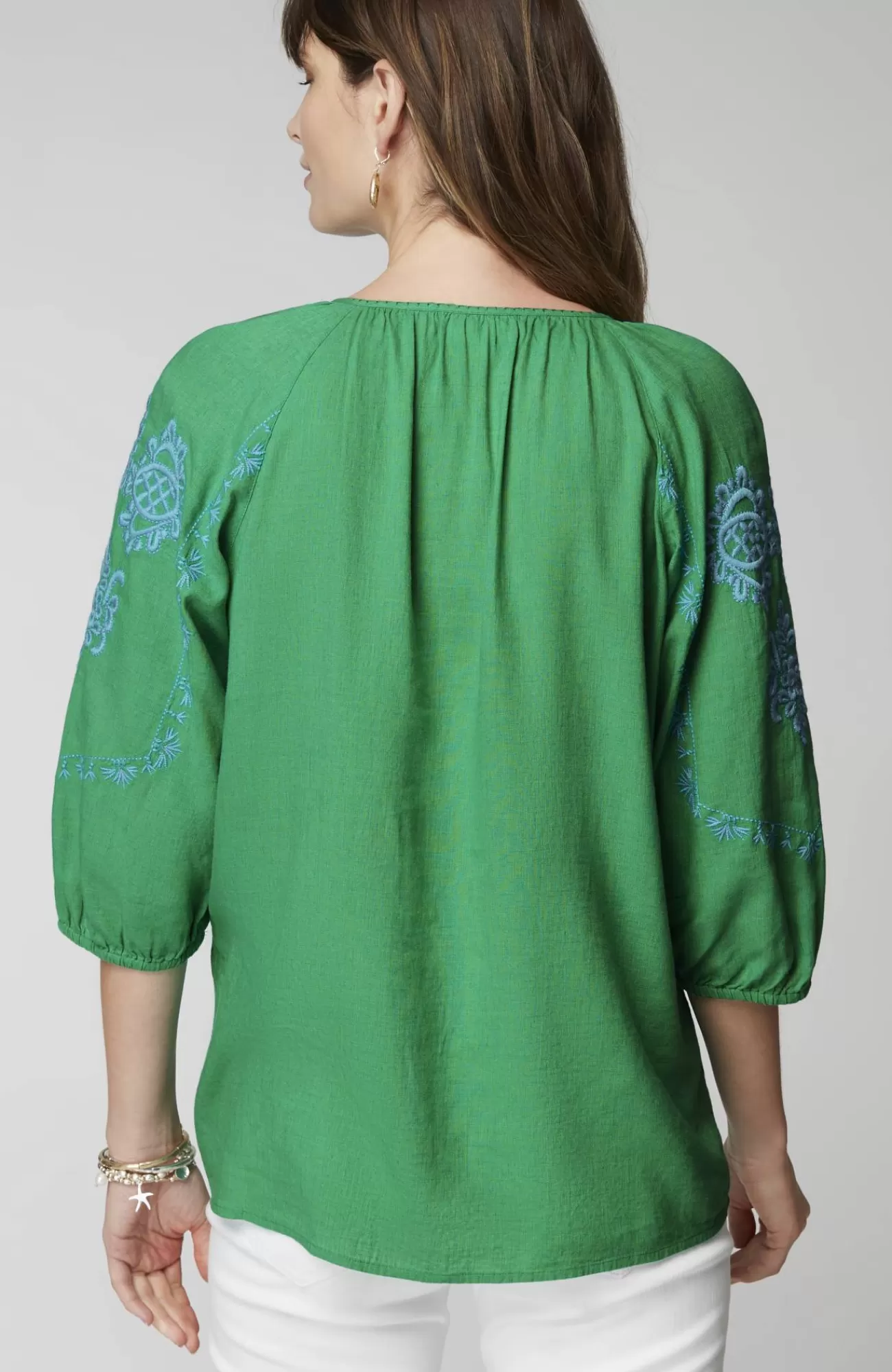 J.Jill Linen-Blend Embroidered Top Green Papaya/blue Oasis Hot