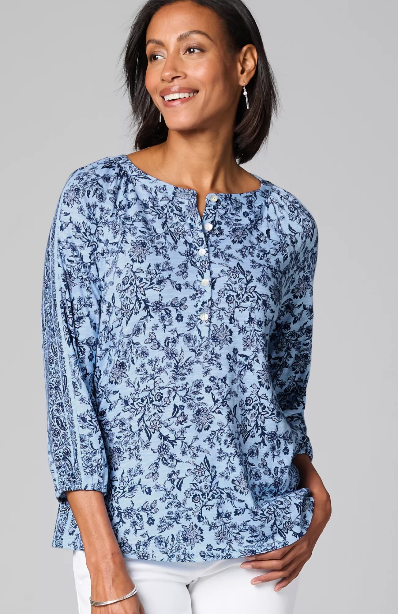 J.Jill Mixed-Print Button-Front Top Blue Porcelain Boho Trellis Shop