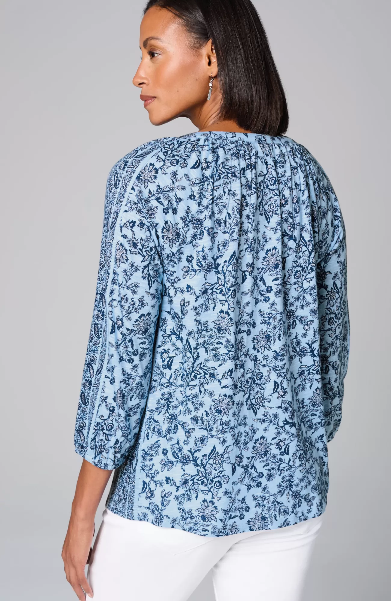 J.Jill Mixed-Print Button-Front Top Blue Porcelain Boho Trellis Shop