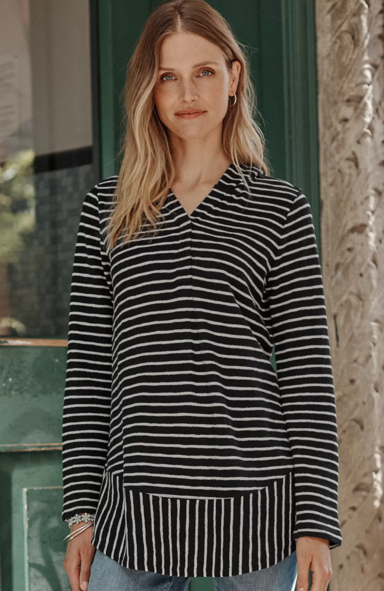 J.Jill Mixed-Stripes Hooded Tunic Black/oatmeal Heather Shop