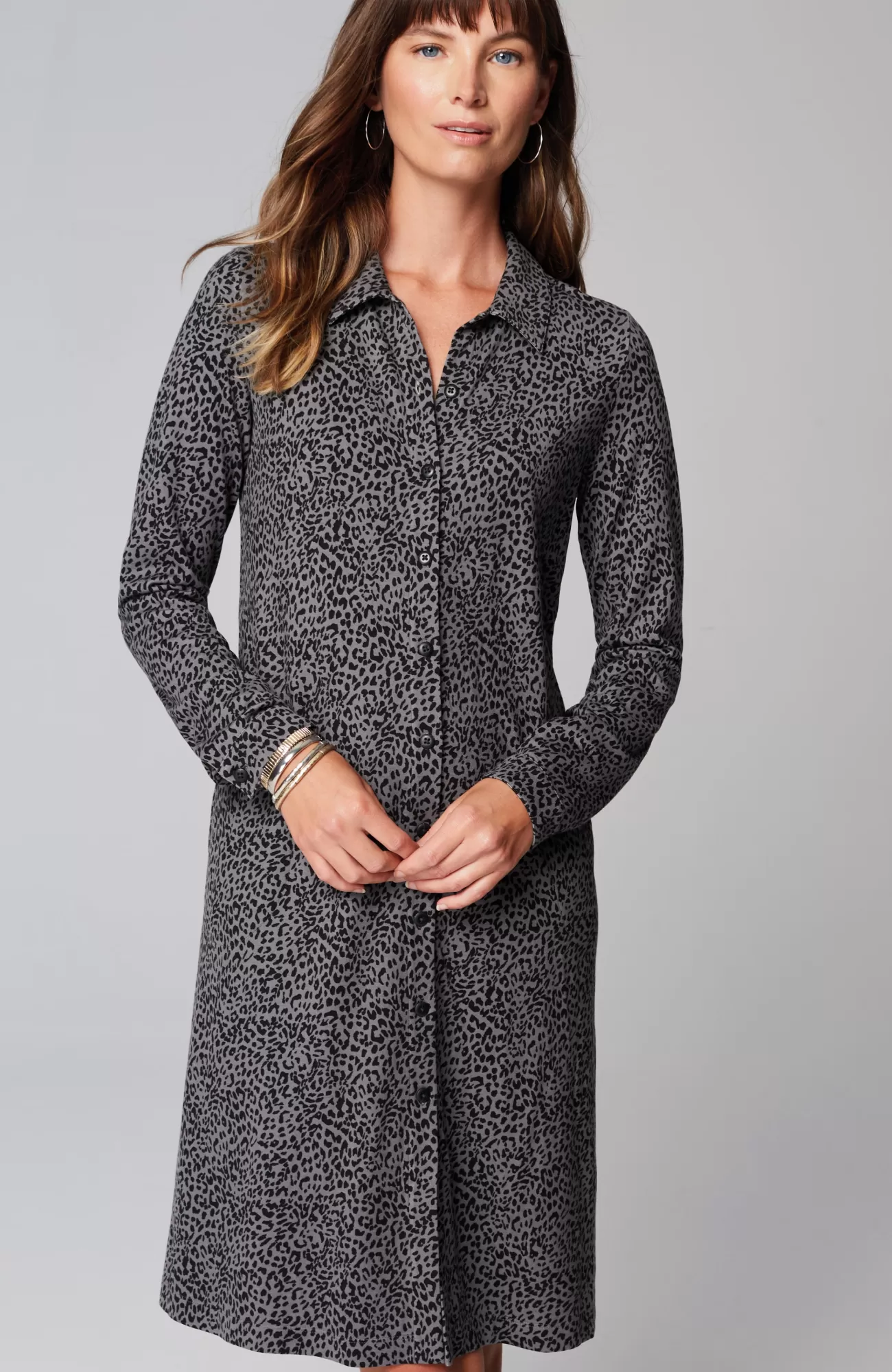 J.Jill Ponte Knit Shirtdress Pewter Elegant Leopard Best