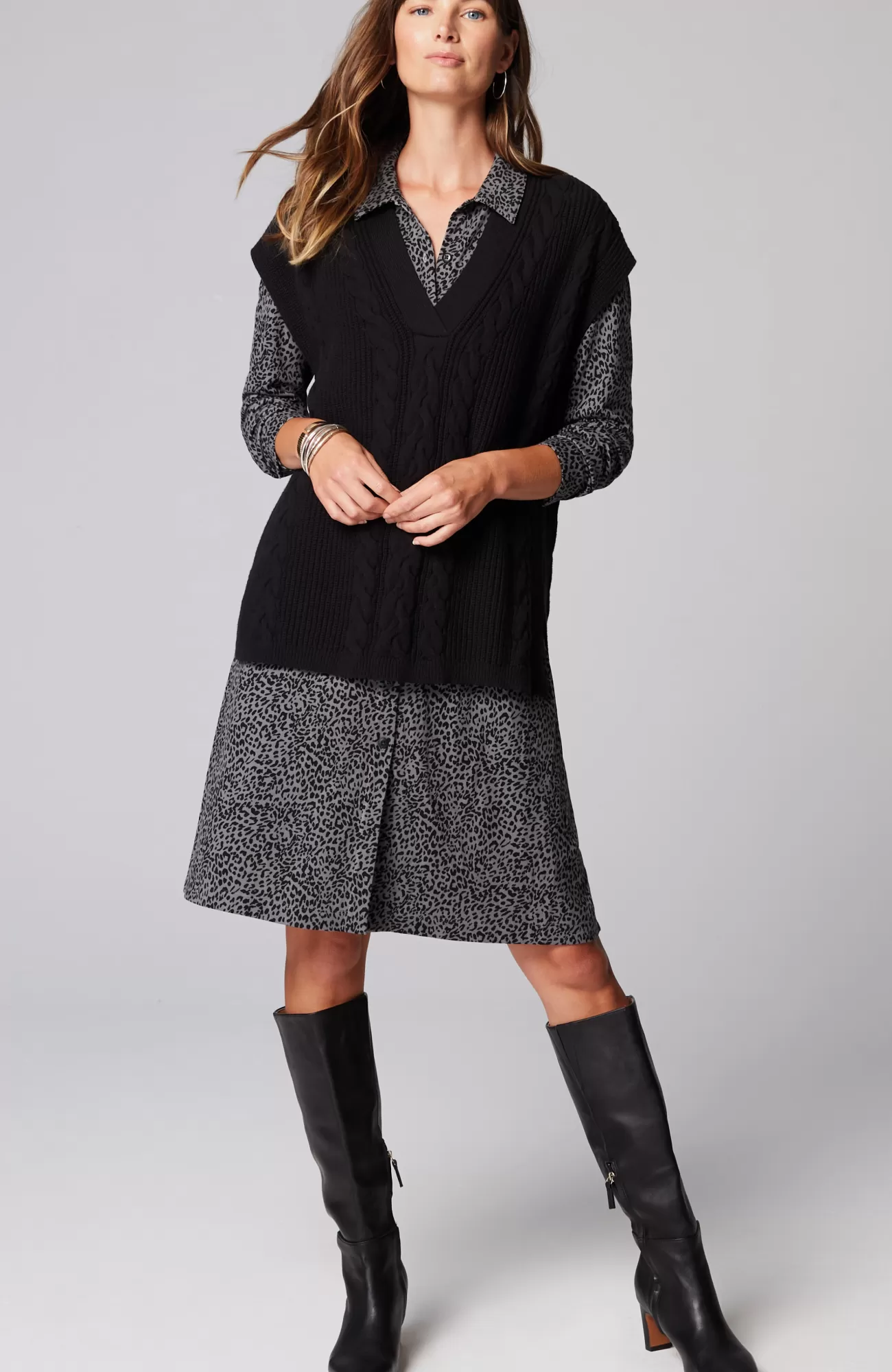 J.Jill Ponte Knit Shirtdress Pewter Elegant Leopard Best