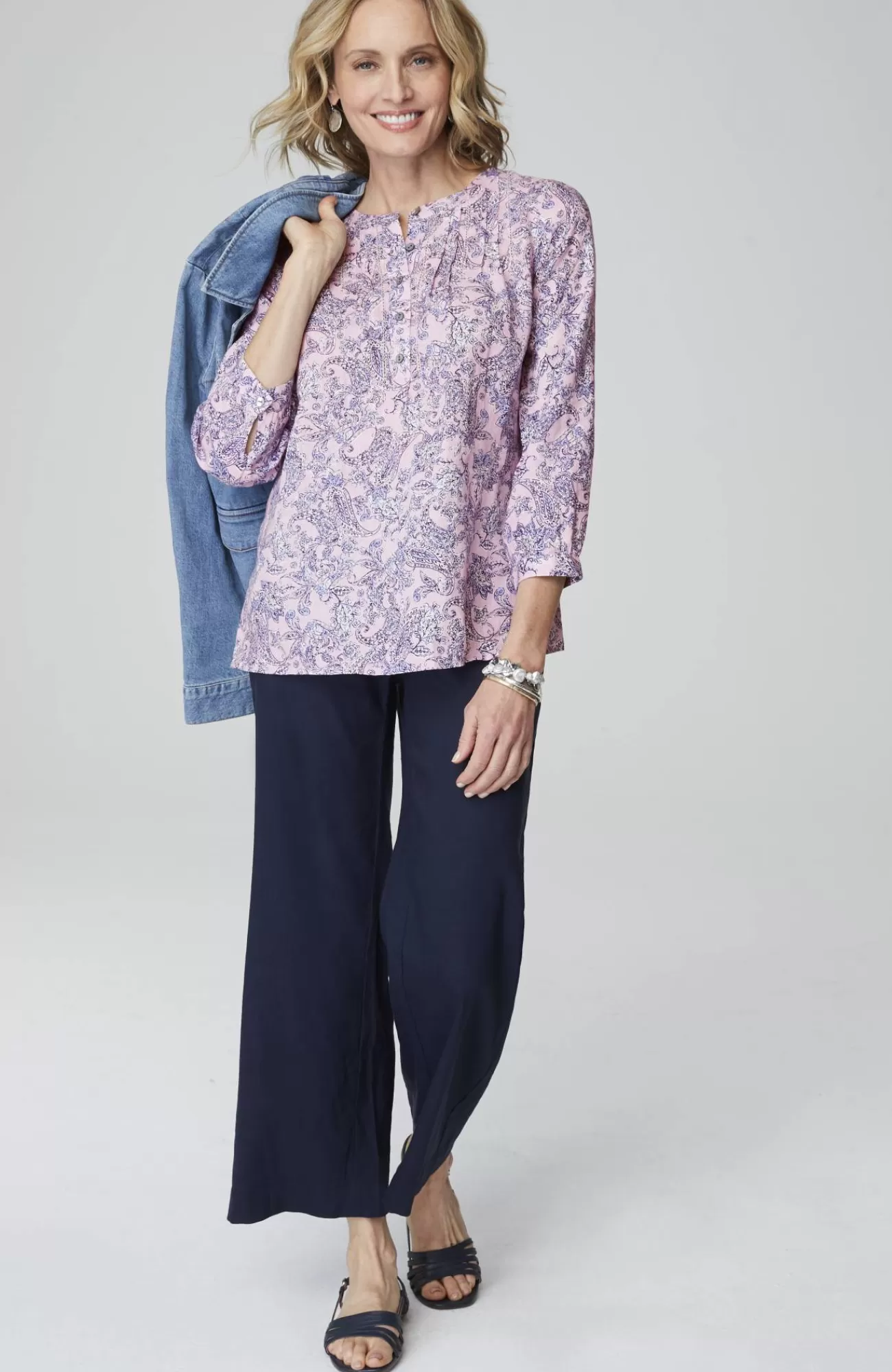 J.Jill Printed Linen Pintucked Popover Misty Lilac Jacobean Paisley Shop