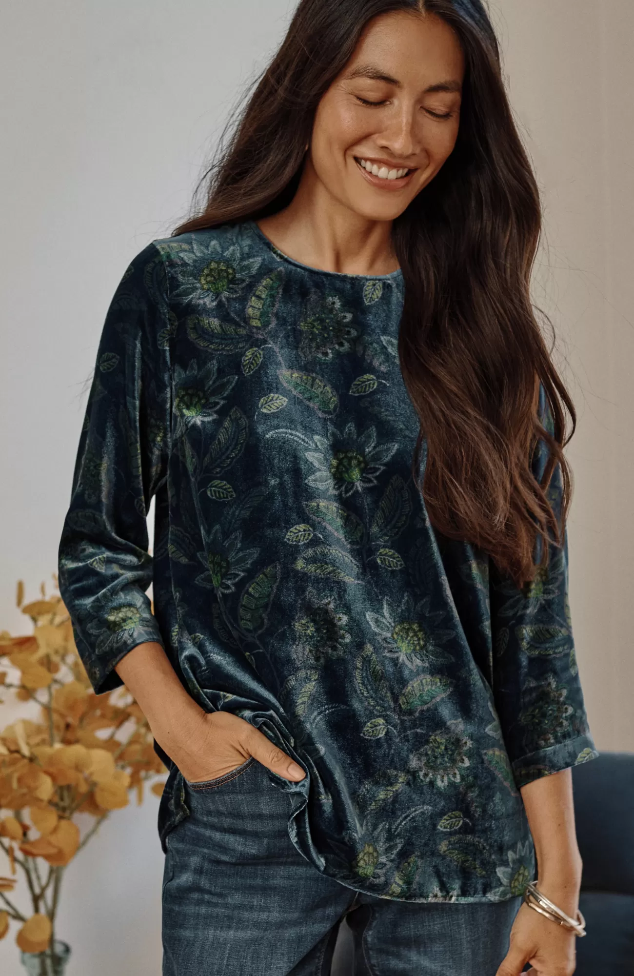 J.Jill Printed-Velvet Top Peacock Blue Intricate Floral Hot