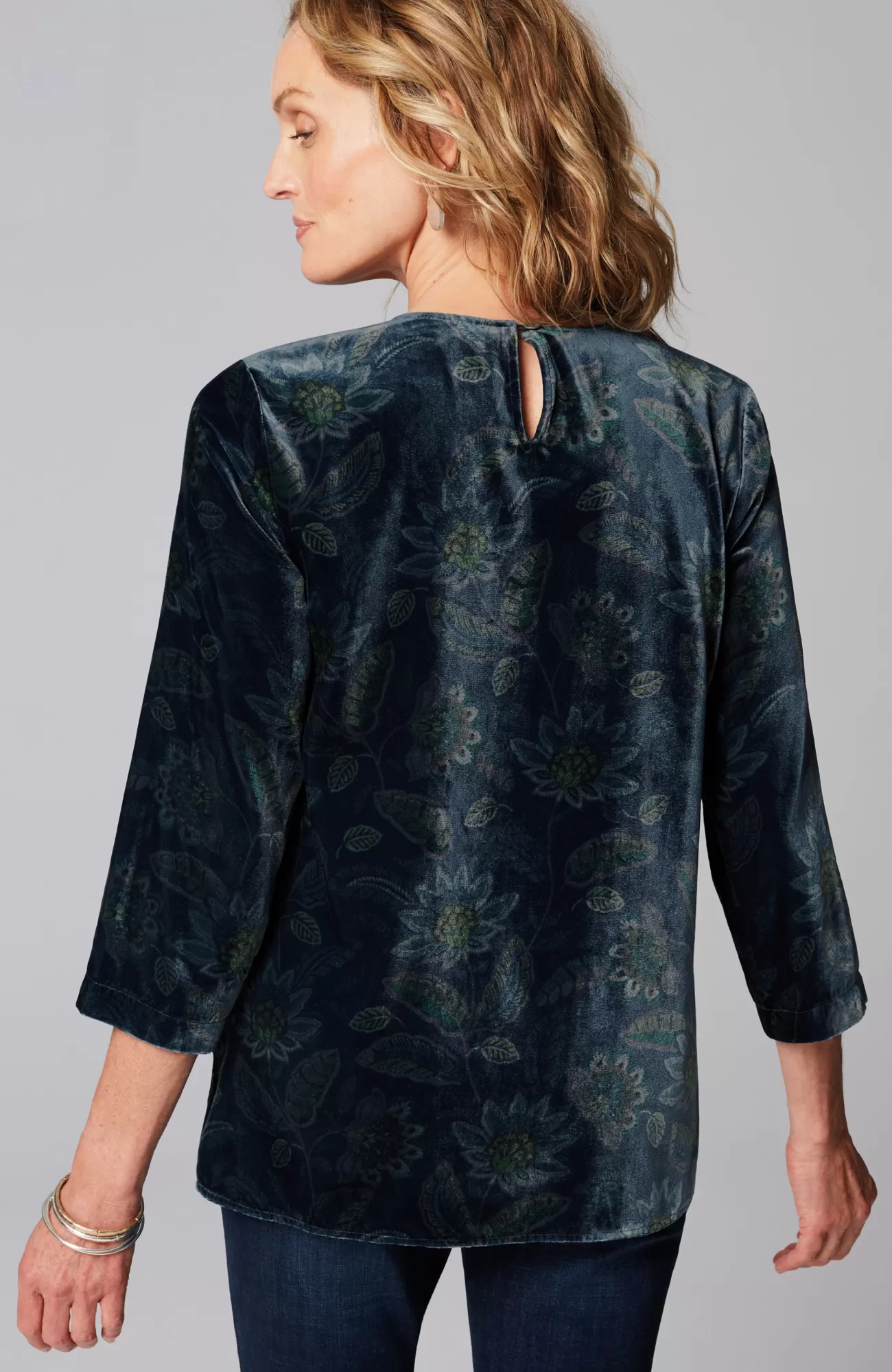 J.Jill Printed-Velvet Top Peacock Blue Intricate Floral Hot