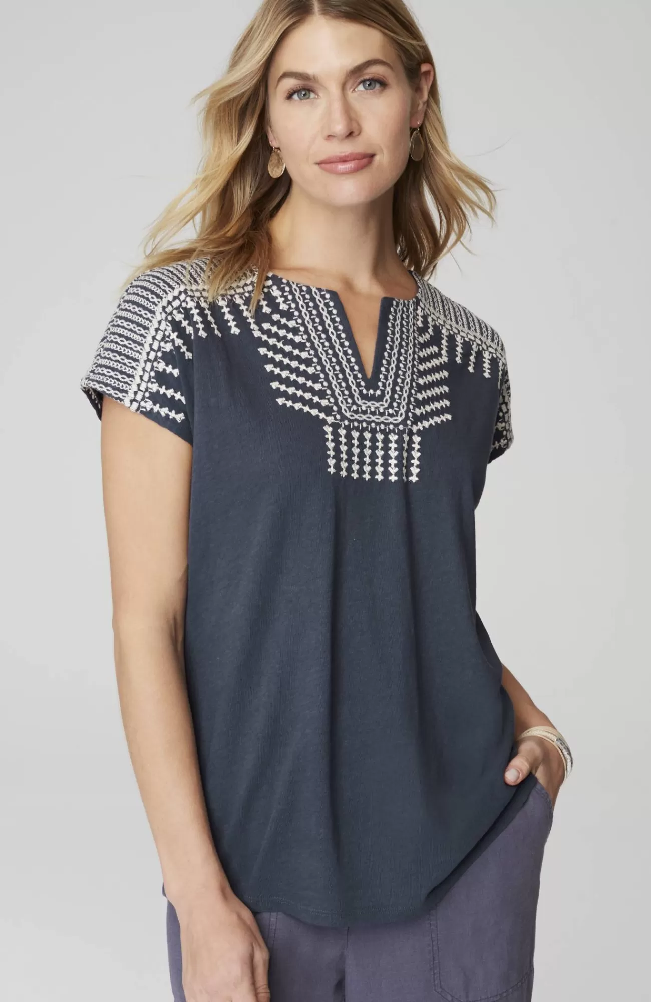 J.Jill Pure Jill Embroidered Split-Neck Tee Flash Sale