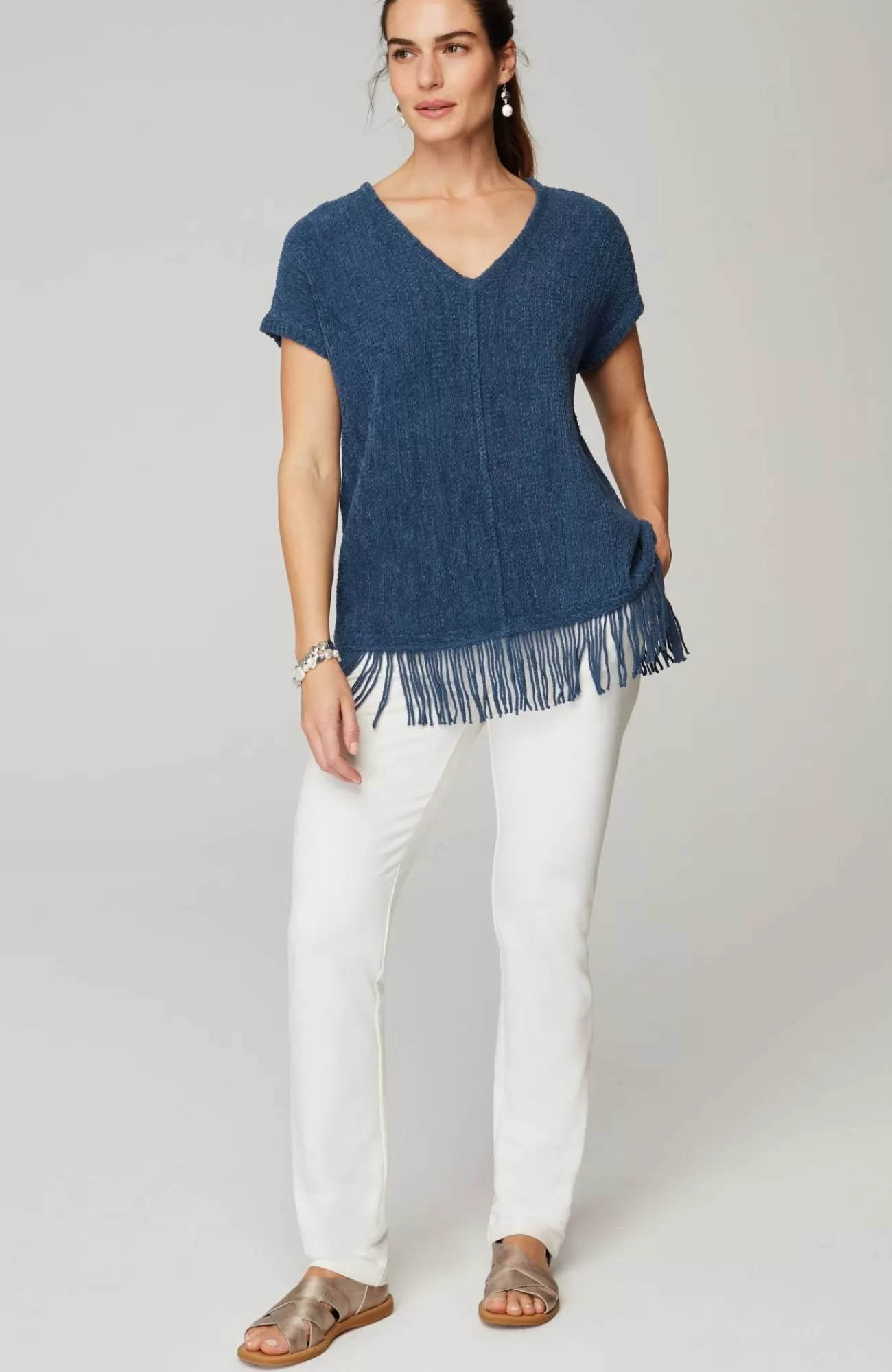 J.Jill Pure Jill Fringed-Hem V-Neck Sweater Indigo Blue Best Sale