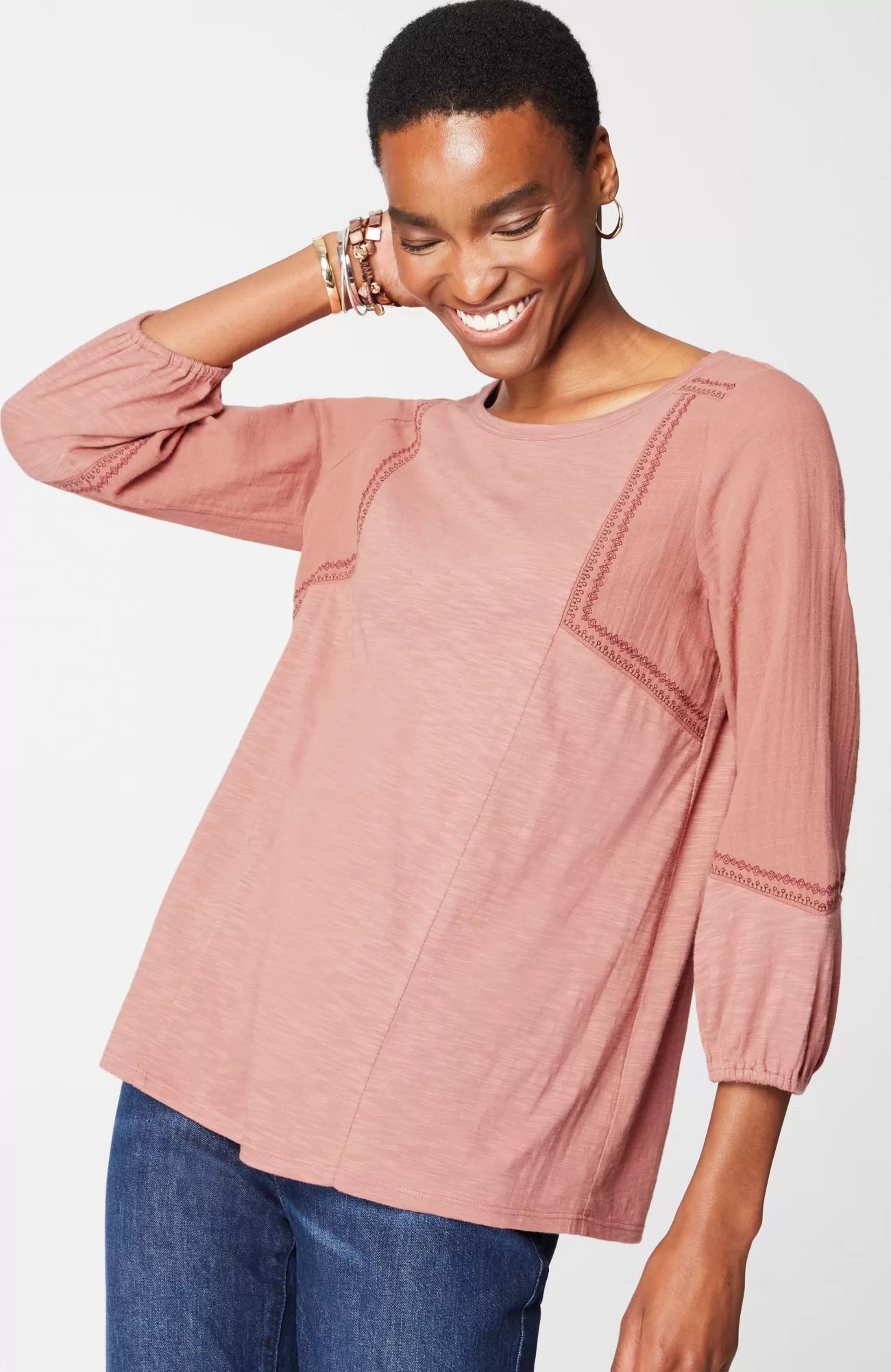 J.Jill Pure Jill Mixed-Media Knit Top Chai Latte Multi Shop