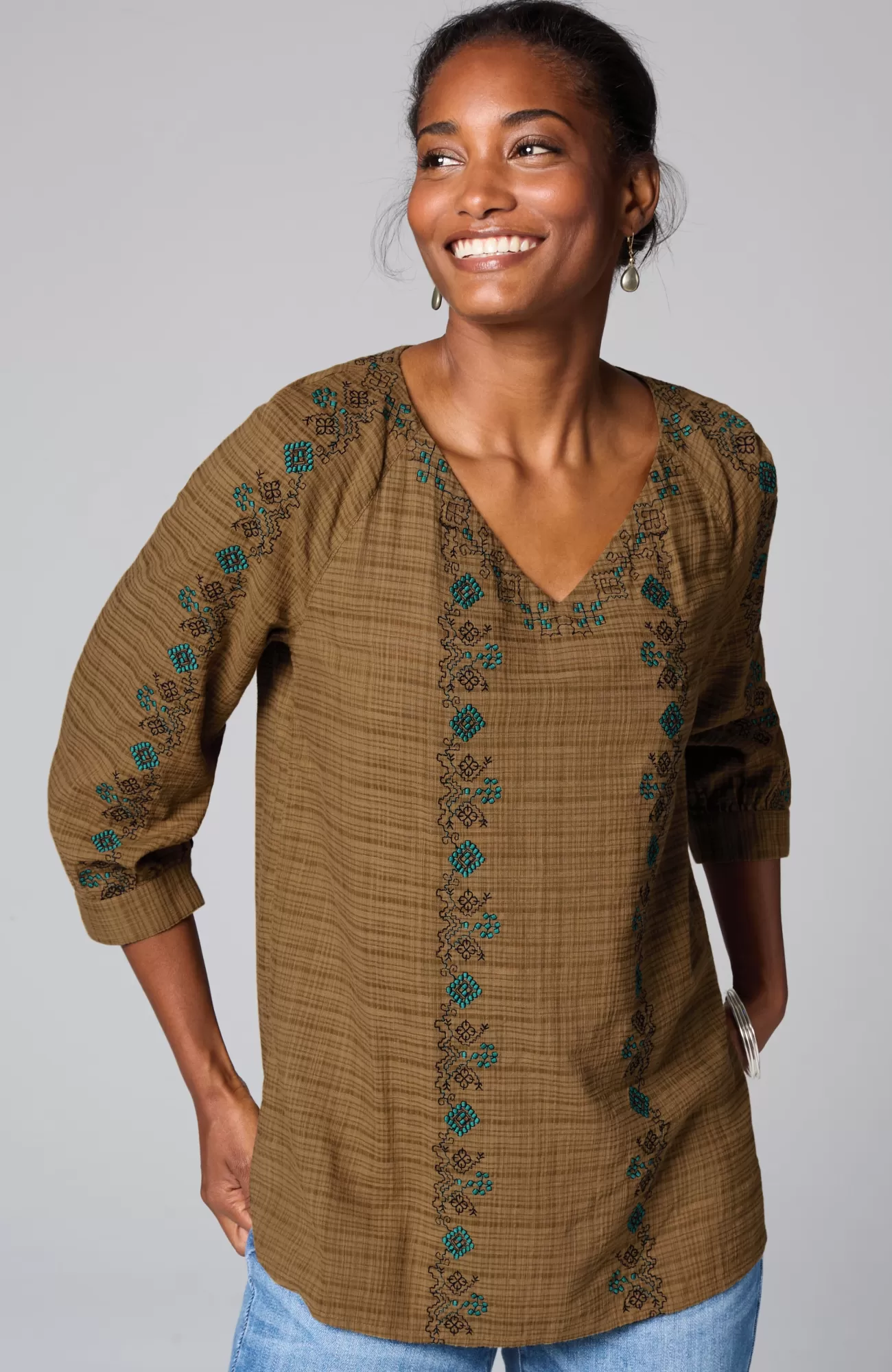J.Jill Pure Jill Multicolor-Embroidered V-Neck Top Light Oak Grove Multi Flash Sale