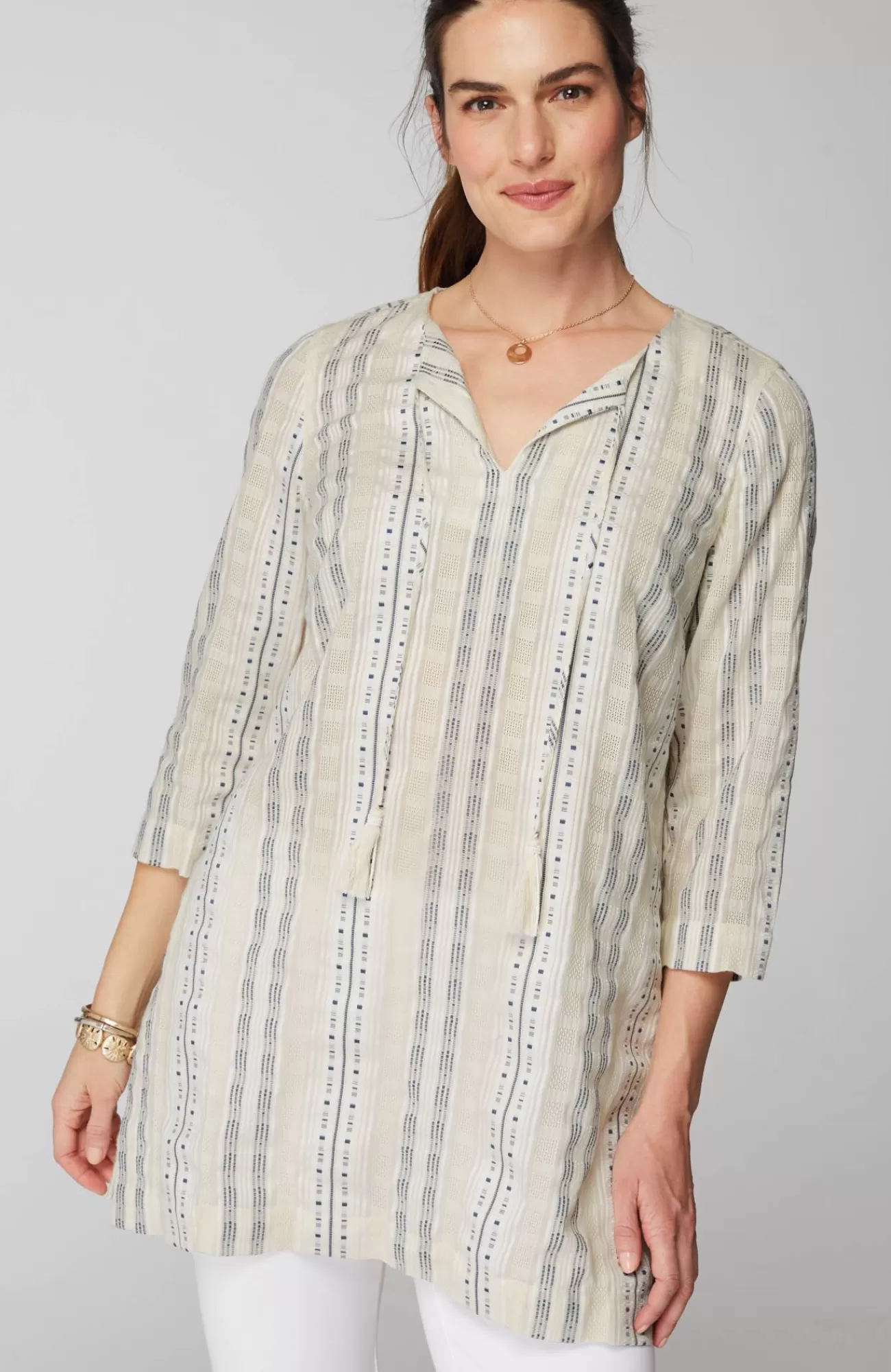 J.Jill Pure Jill Split-Neck Dobby Tunic Cream Multi Outlet