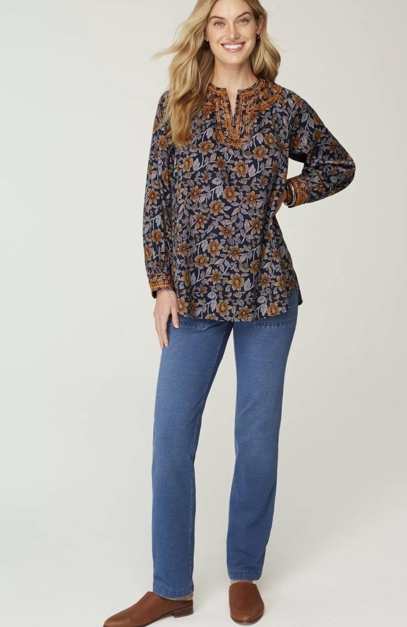 J.Jill Pure Jill Twill Embroidered Tunic Navy Blue Stitched Floral Outlet