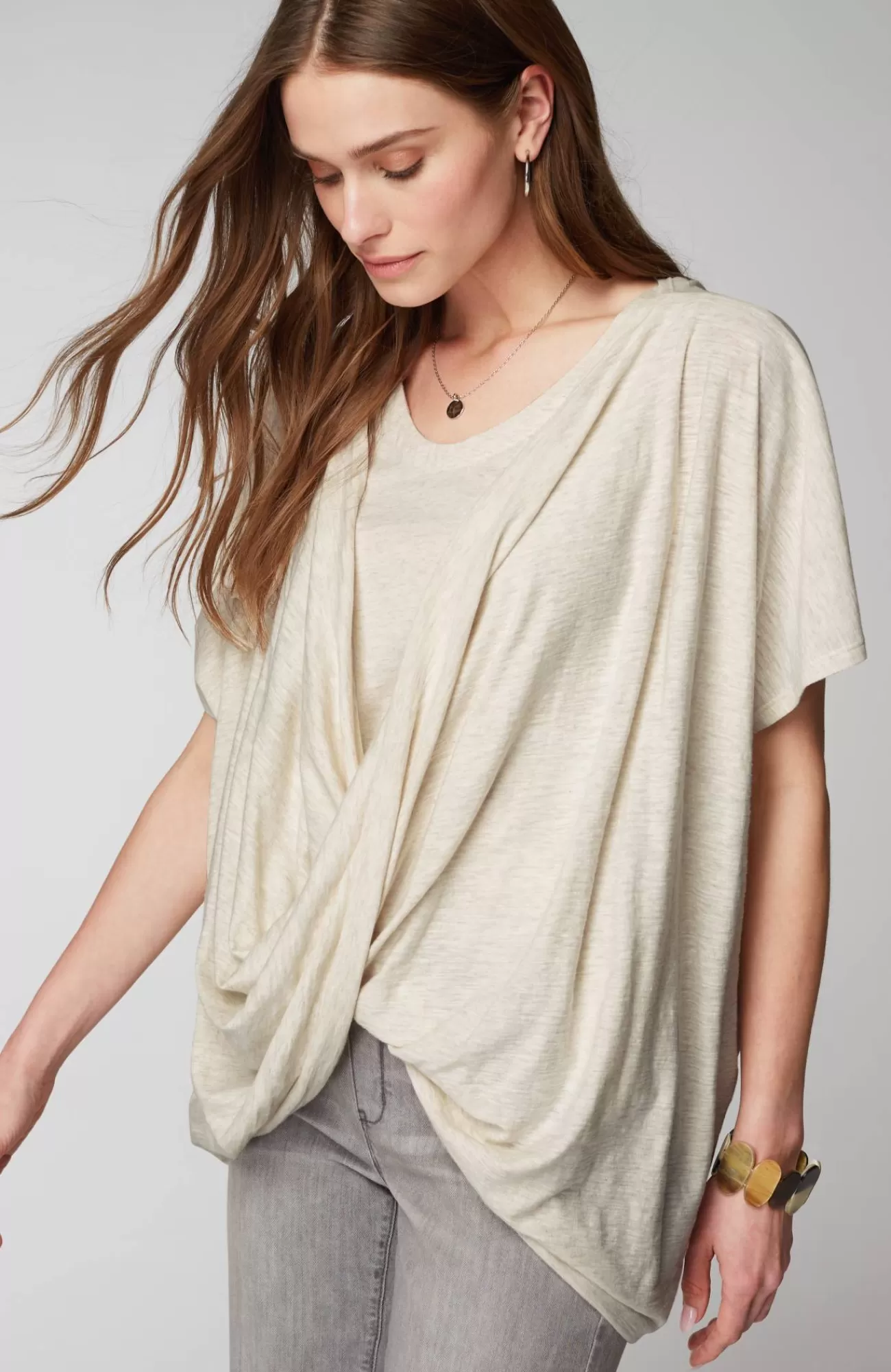 J.Jill Pure Jill Twisted-Drape-Front Top Soft Oatmeal Heather Shop