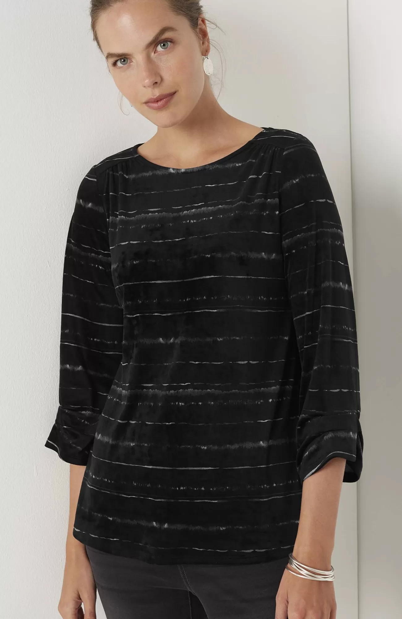 J.Jill Pure Jill Velour Pleated-Sleeve Top Black Tonal Painterly Stripe Store