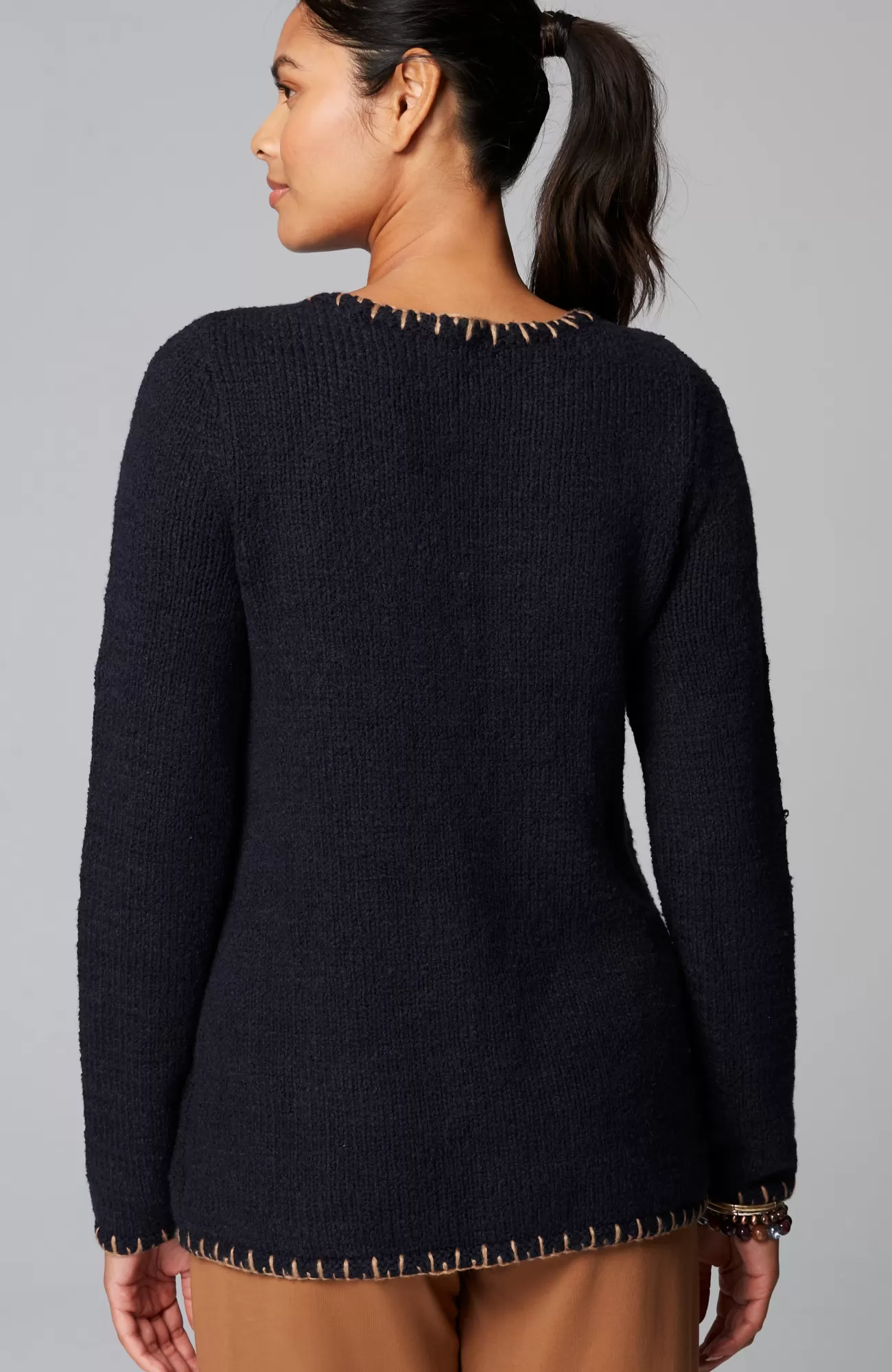 J.Jill Pure Jill Whipstitch-Trimmed Pullover Sweater Navy Blue Multi Fashion