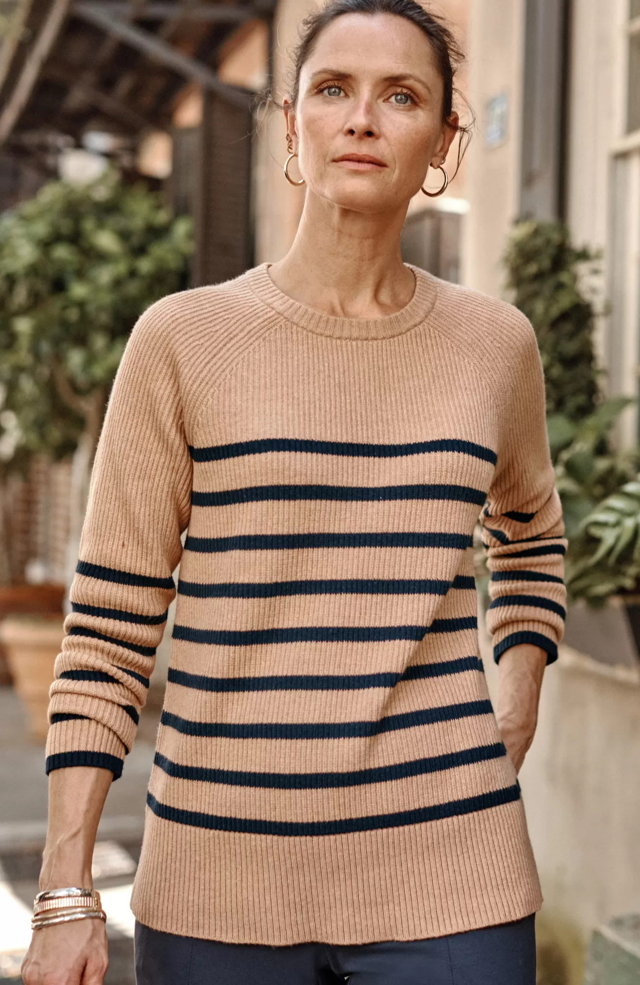 J.Jill Ribbed Stripe Sweater Caramel Heather/navy Blue Online