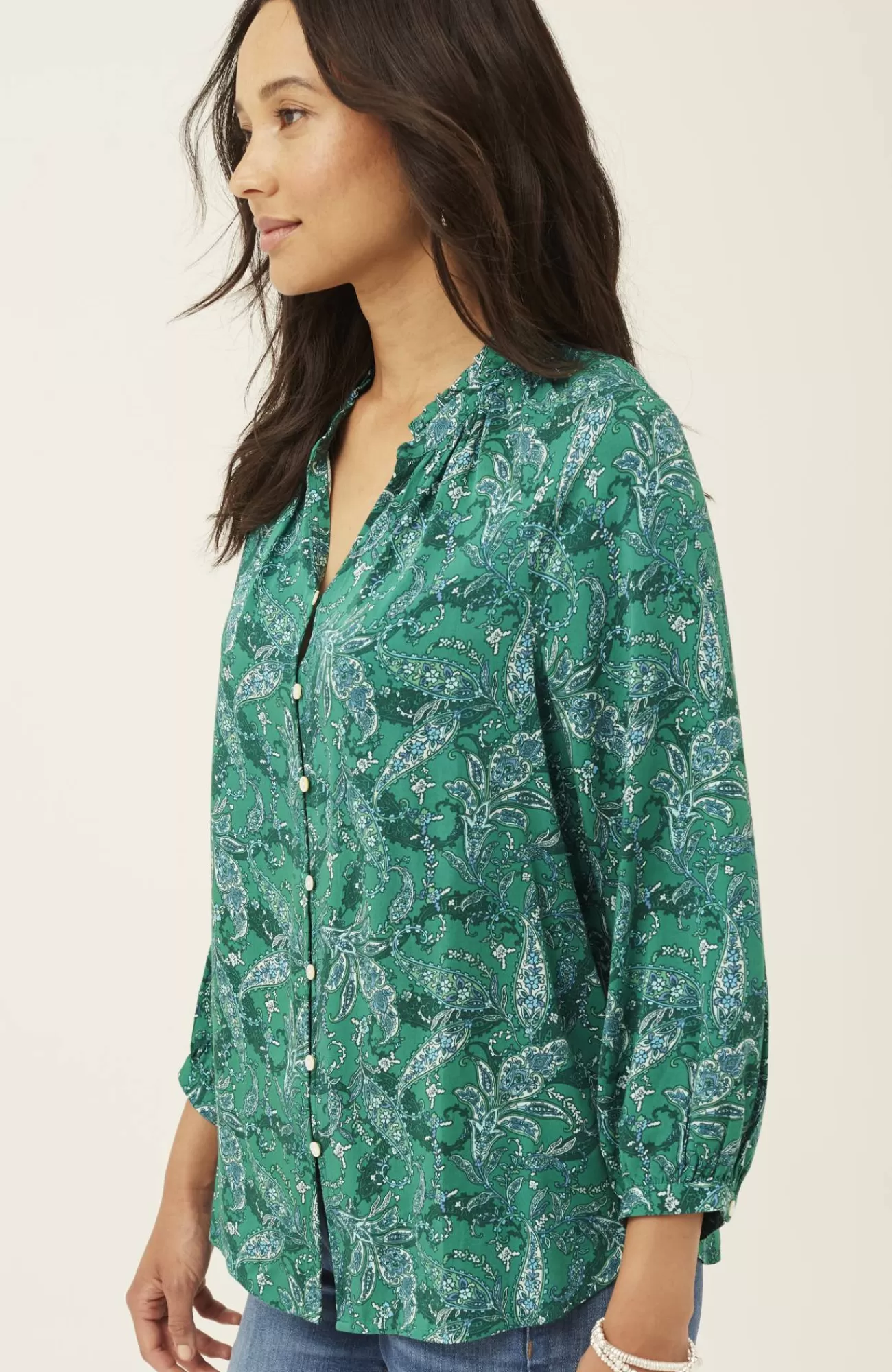 J.Jill Ruffled Satin Top Verdant Green Stunning Paisley Best