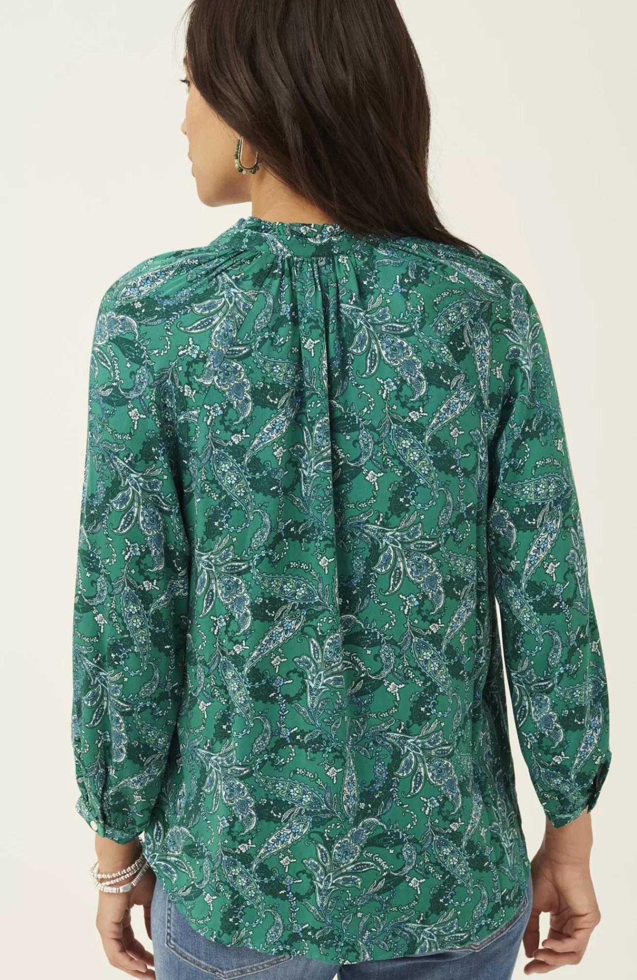 J.Jill Ruffled Satin Top Verdant Green Stunning Paisley Best