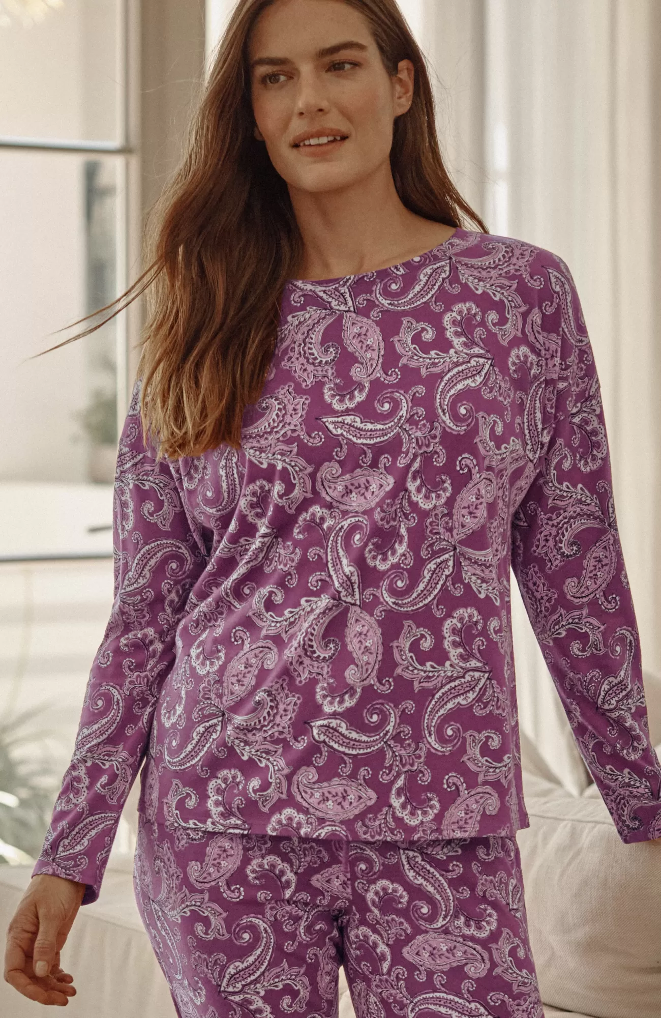 J.Jill Sleep Ultrasoft Dolman-Sleeve Tee Berry Blush Tonal Paisley New