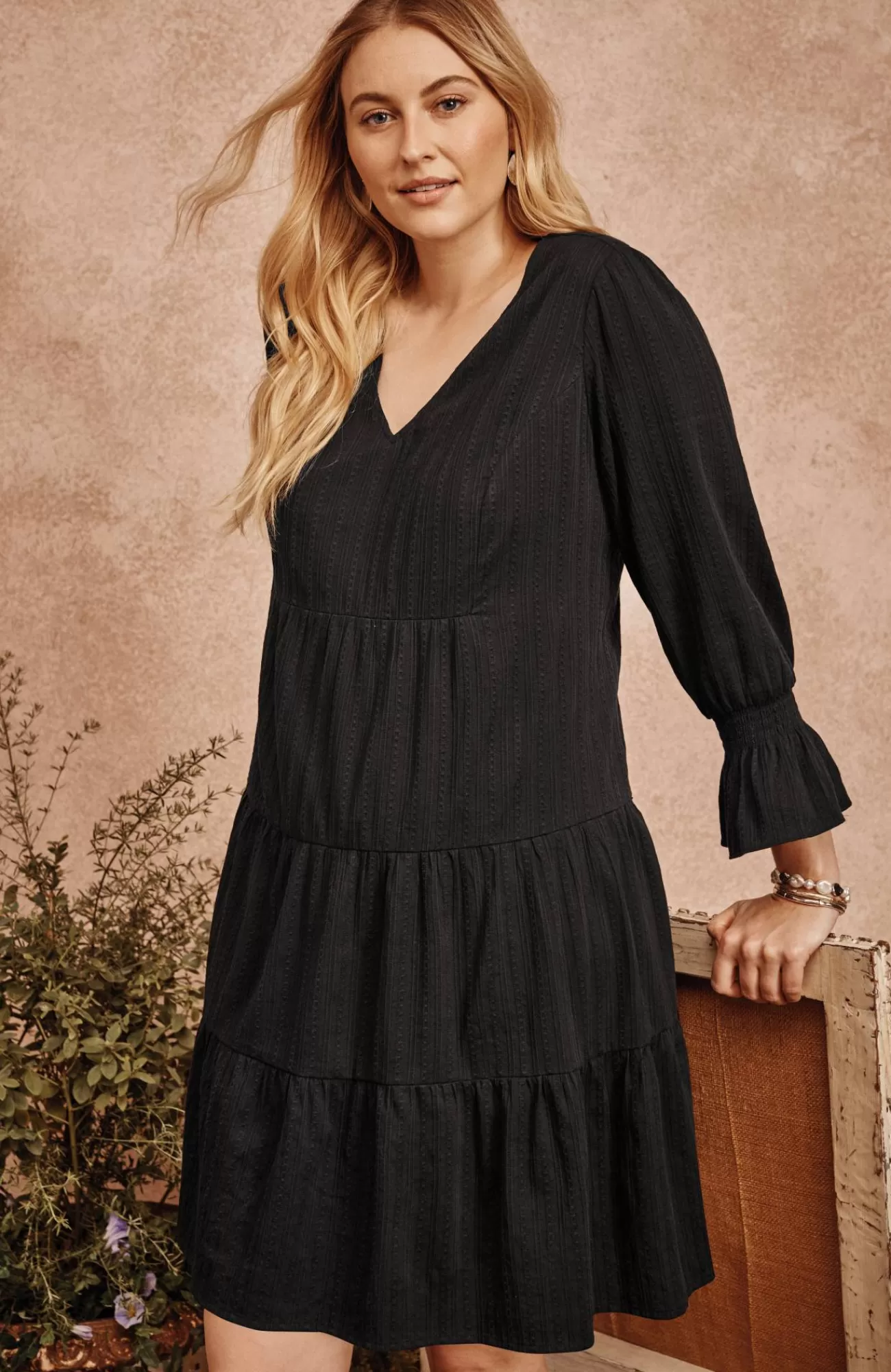 J.Jill Smocked-Sleeves Tiered Dress Black Best Sale