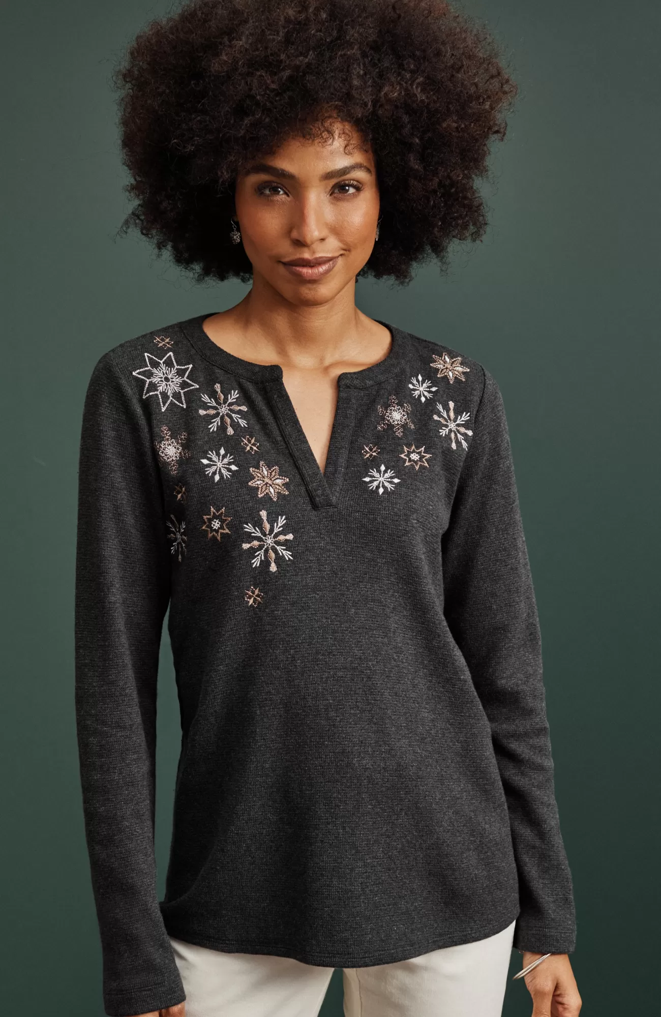 J.Jill Snowflake-Embroidered Waffle-Textured Top Dark Charcoal Heather Multi Outlet