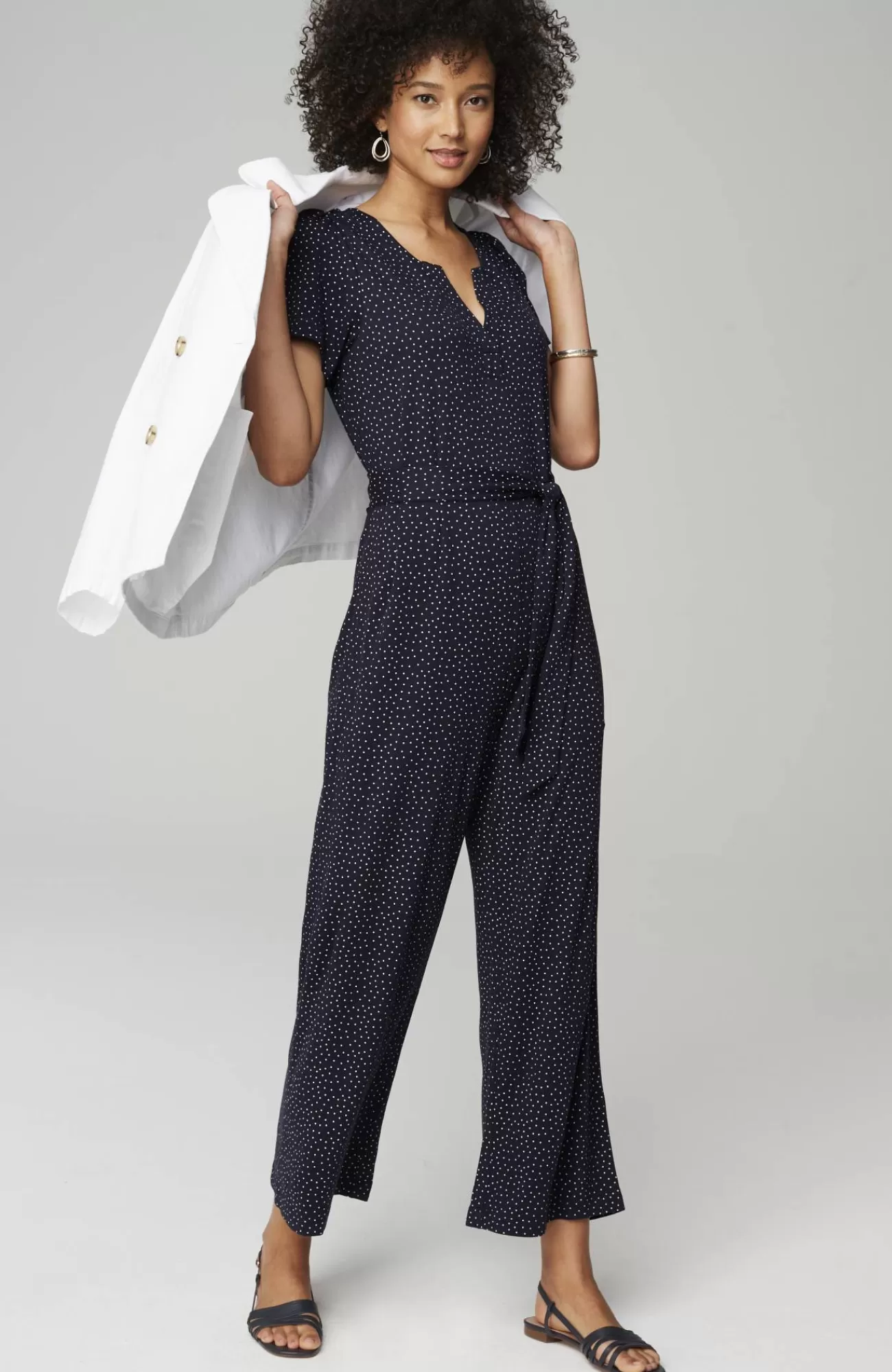 J.Jill Split-Neck Cropped Jumpsuit Navy Blue Spaced Dot Shop