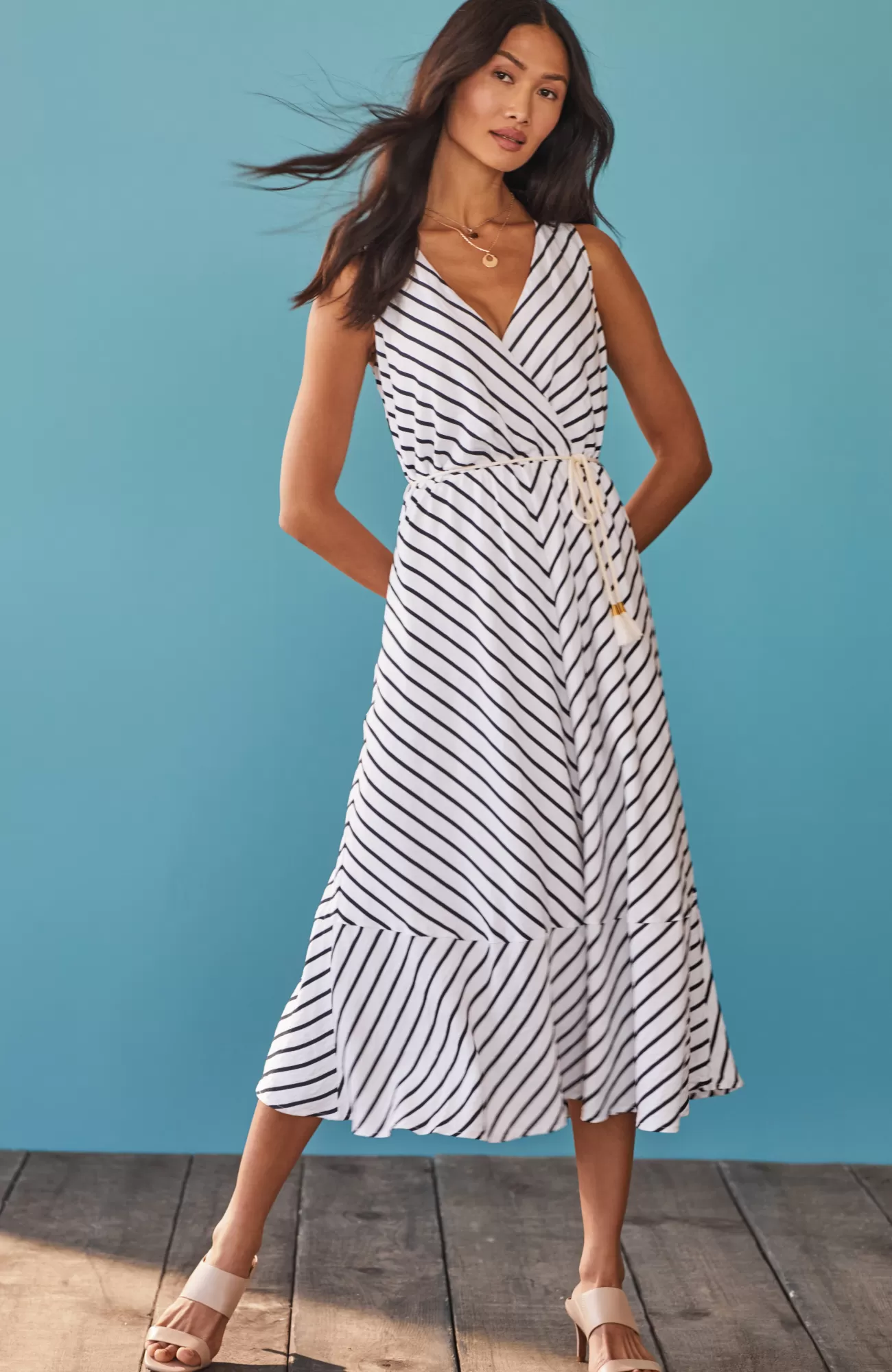 J.Jill Striped A-Line Belted Dress White/navy Blue Cheap