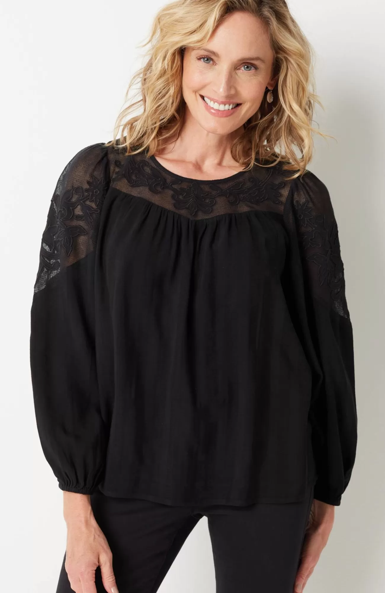 J.Jill Textured Appliqué Top Black Hot