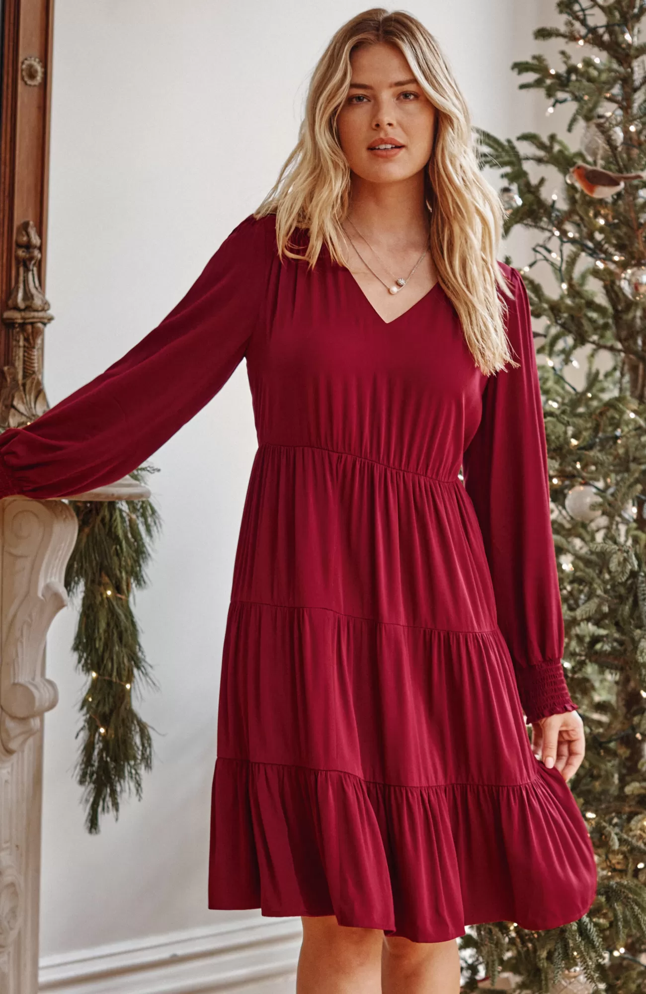 J.Jill Tiered Smocked-Sleeve Dress Crimson Cheap