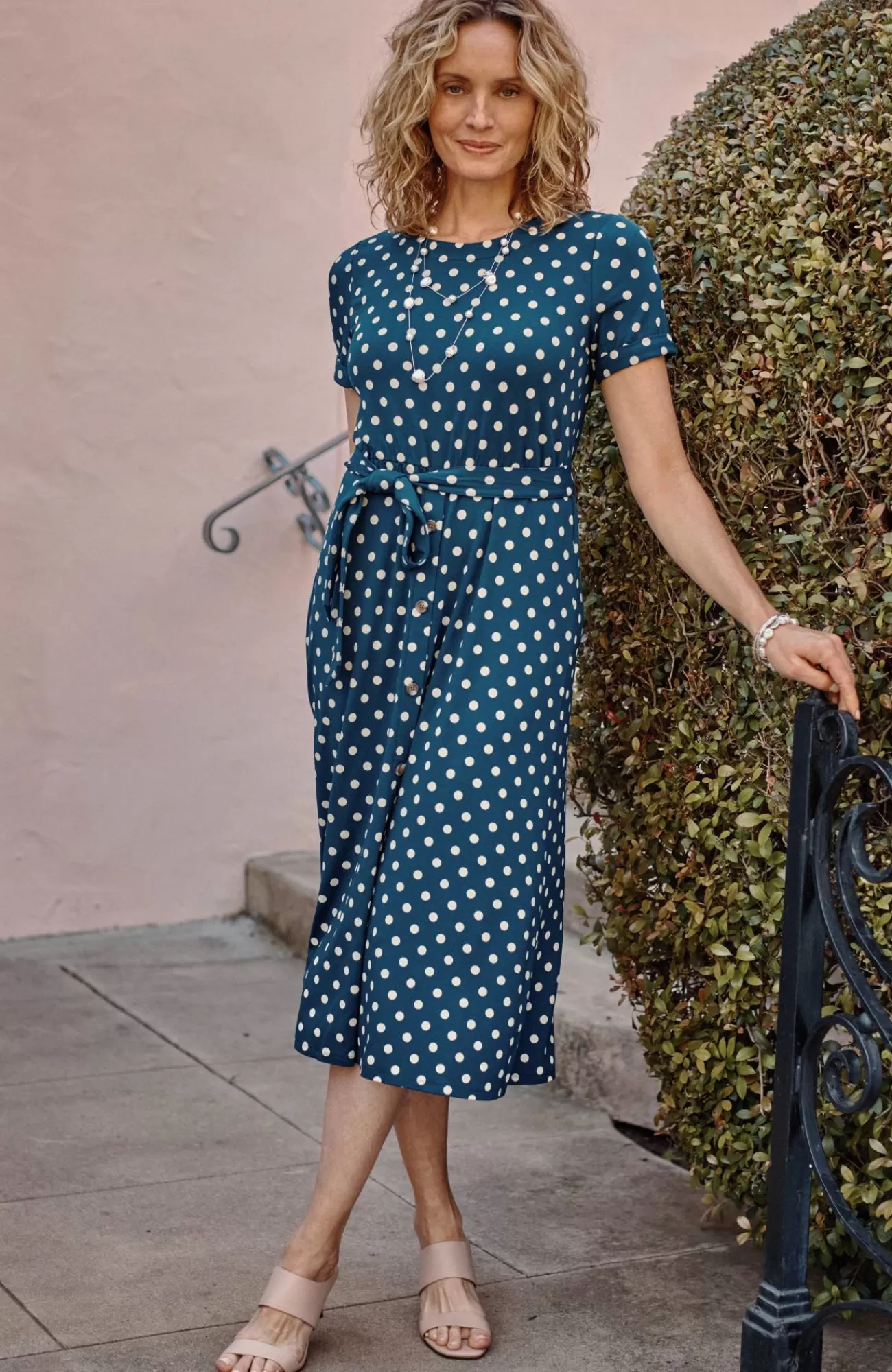 J.Jill Wearever Belted Midi Dress Atlantic Timeless Dot Sale